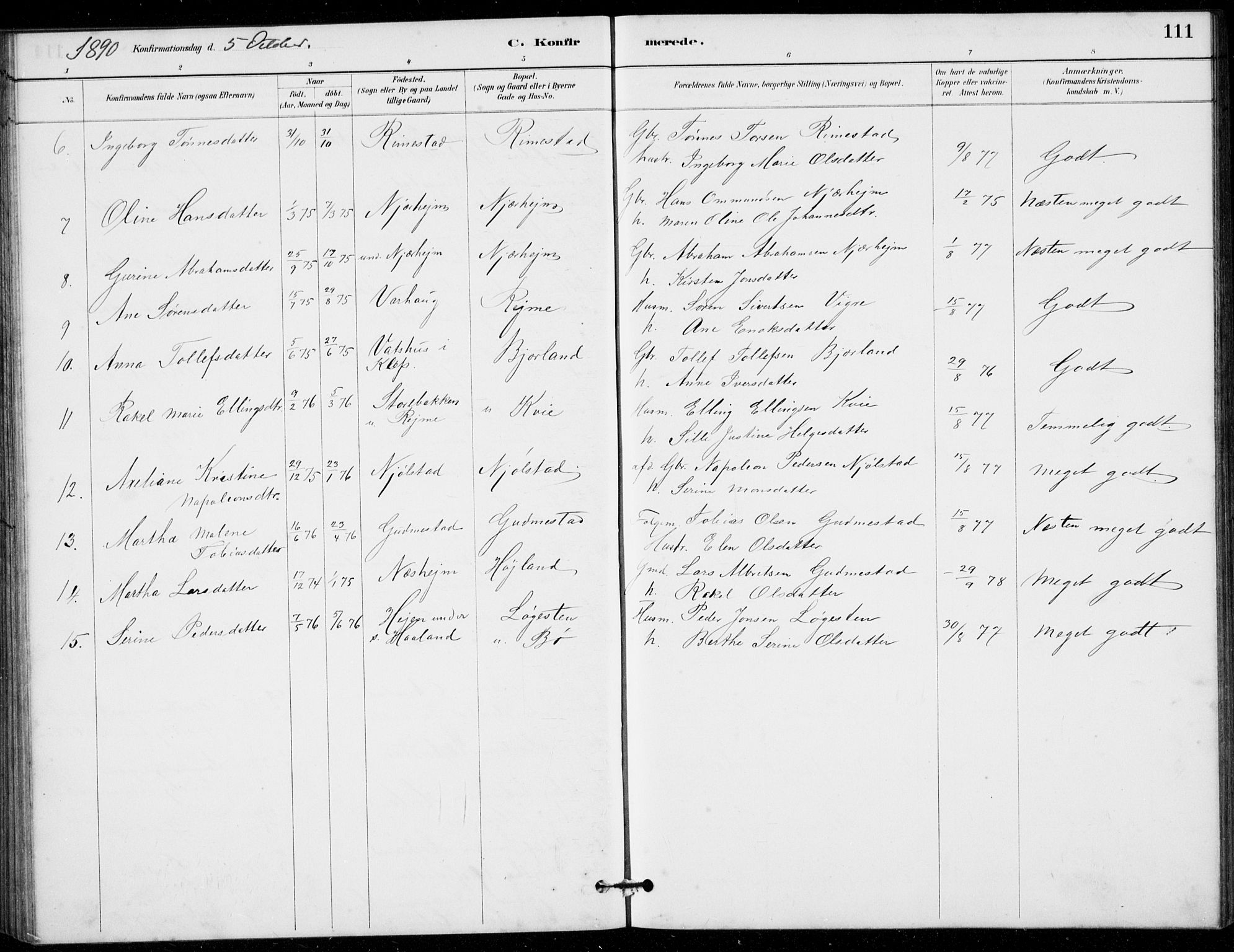 Hå sokneprestkontor, AV/SAST-A-101801/001/30BB/L0003: Parish register (copy) no. B 3, 1883-1894, p. 111