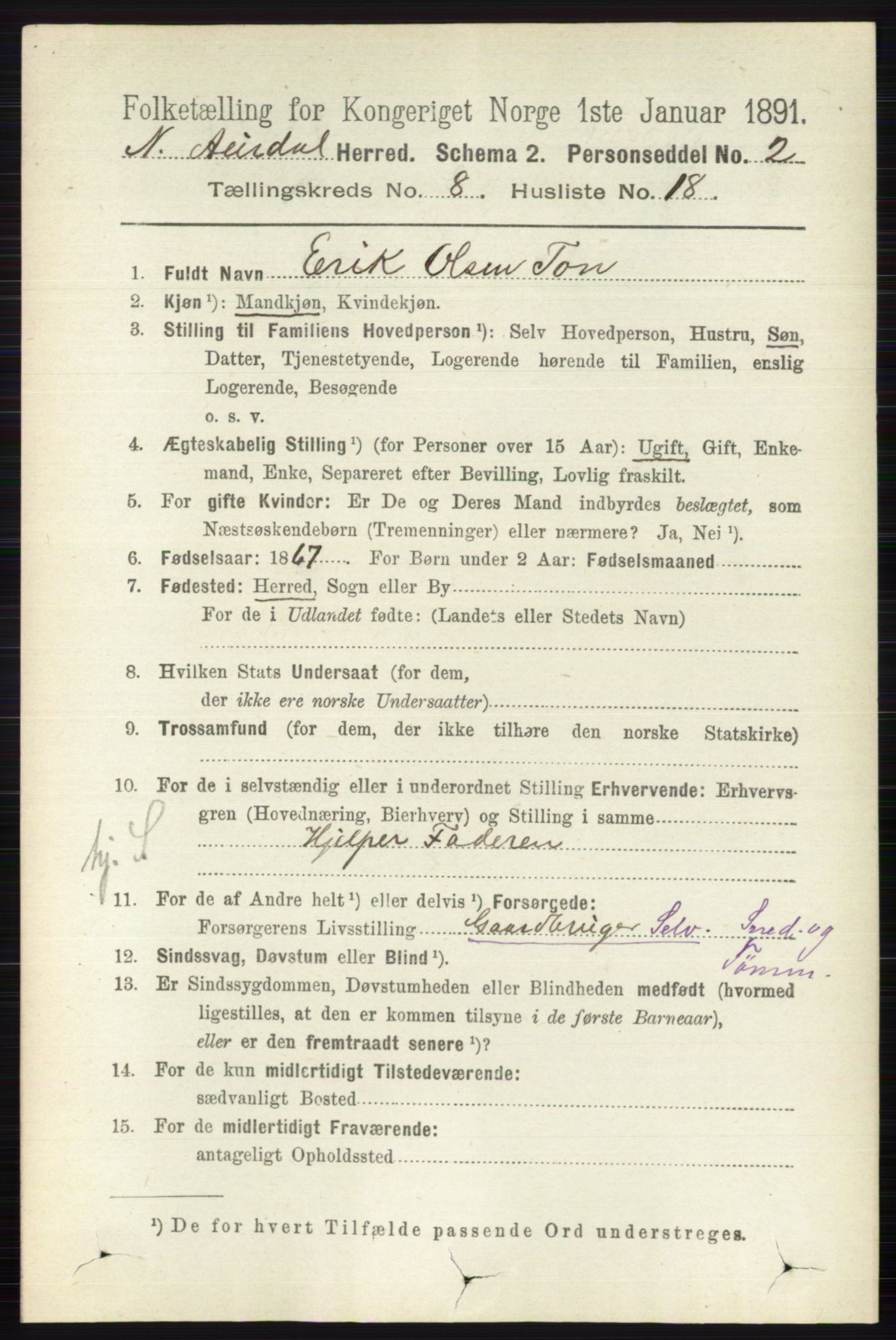 RA, 1891 census for 0542 Nord-Aurdal, 1891, p. 2907