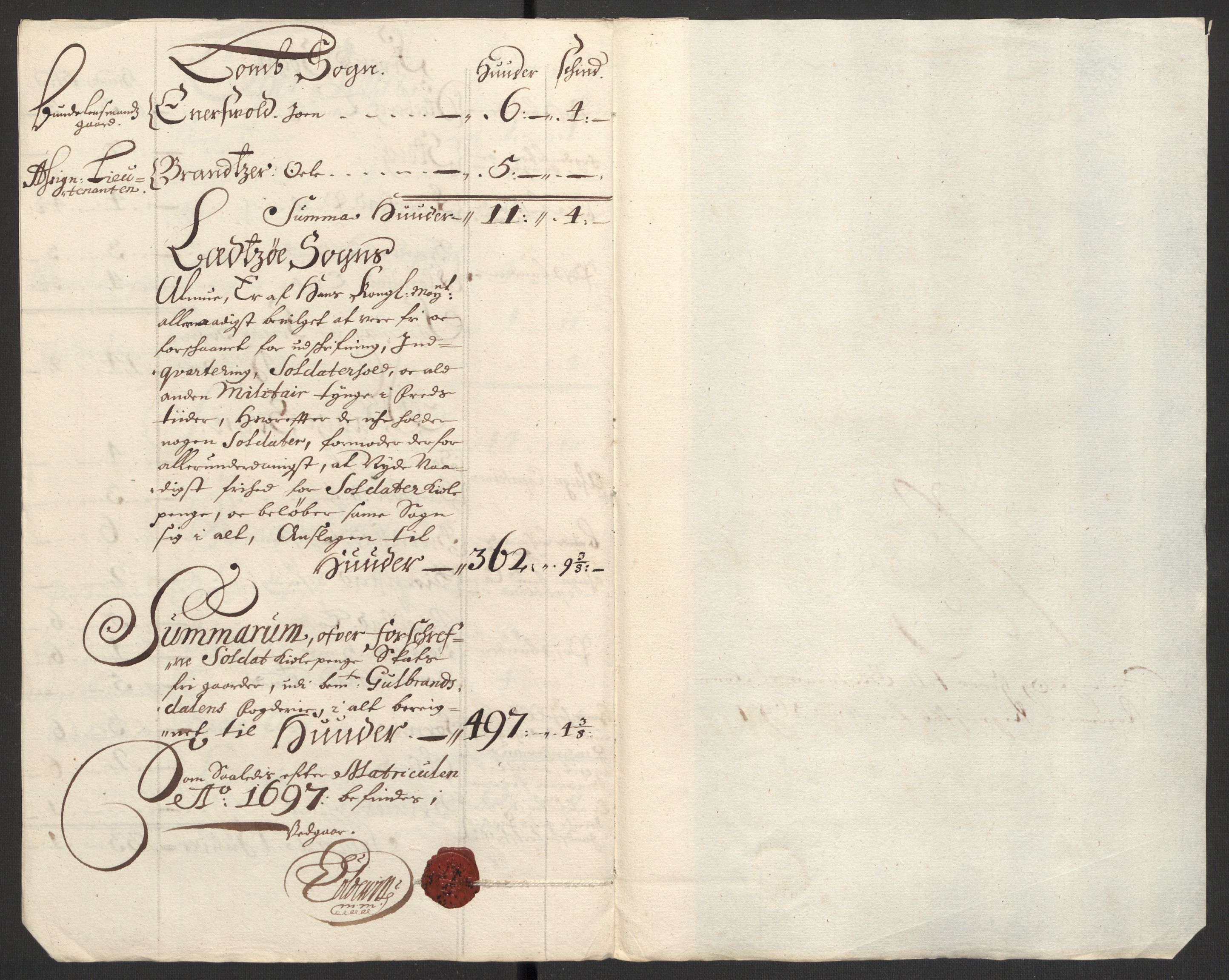 Rentekammeret inntil 1814, Reviderte regnskaper, Fogderegnskap, AV/RA-EA-4092/R17/L1170: Fogderegnskap Gudbrandsdal, 1696-1697, p. 295