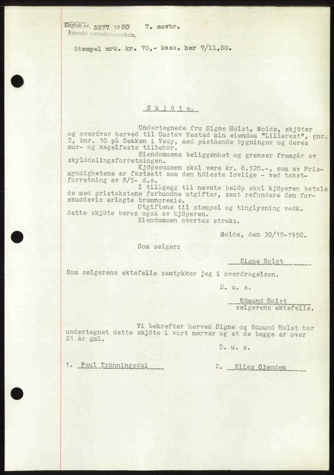 Romsdal sorenskriveri, AV/SAT-A-4149/1/2/2C: Mortgage book no. A34, 1950-1950, Diary no: : 3377/1950