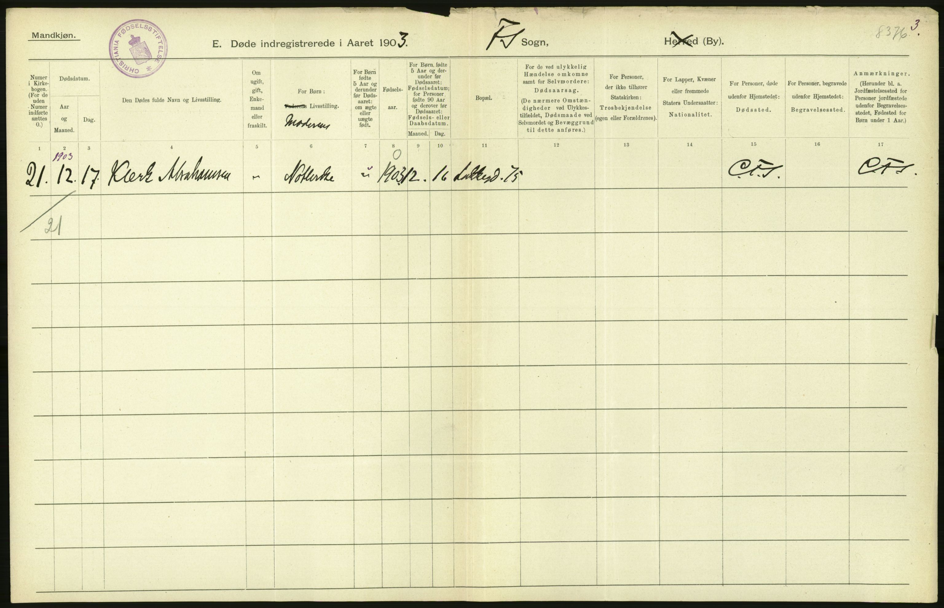 Statistisk sentralbyrå, Sosiodemografiske emner, Befolkning, AV/RA-S-2228/D/Df/Dfa/Dfaa/L0004: Kristiania: Gifte, døde, 1903, p. 276