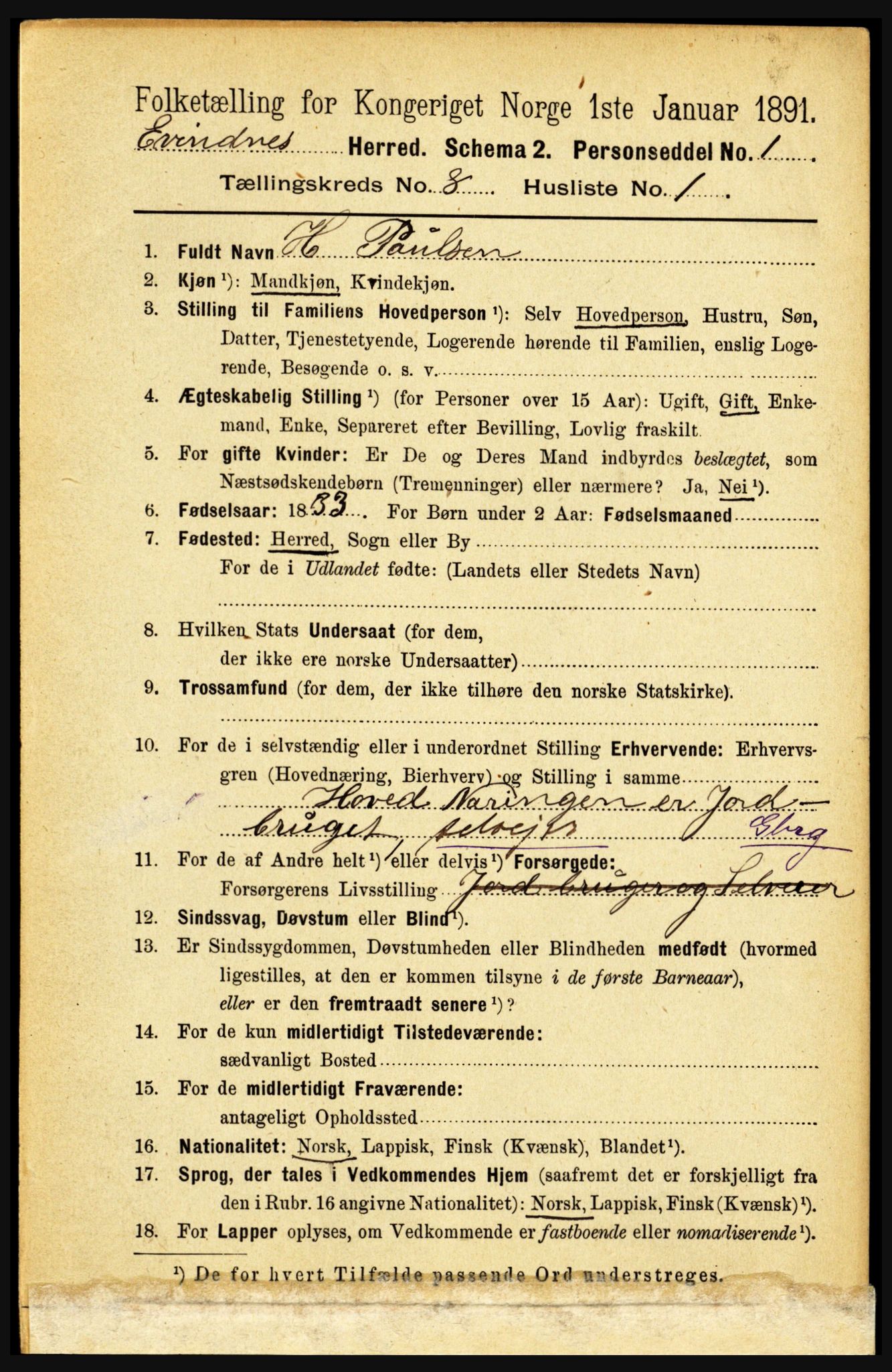 RA, 1891 census for 1853 Evenes, 1891, p. 2512