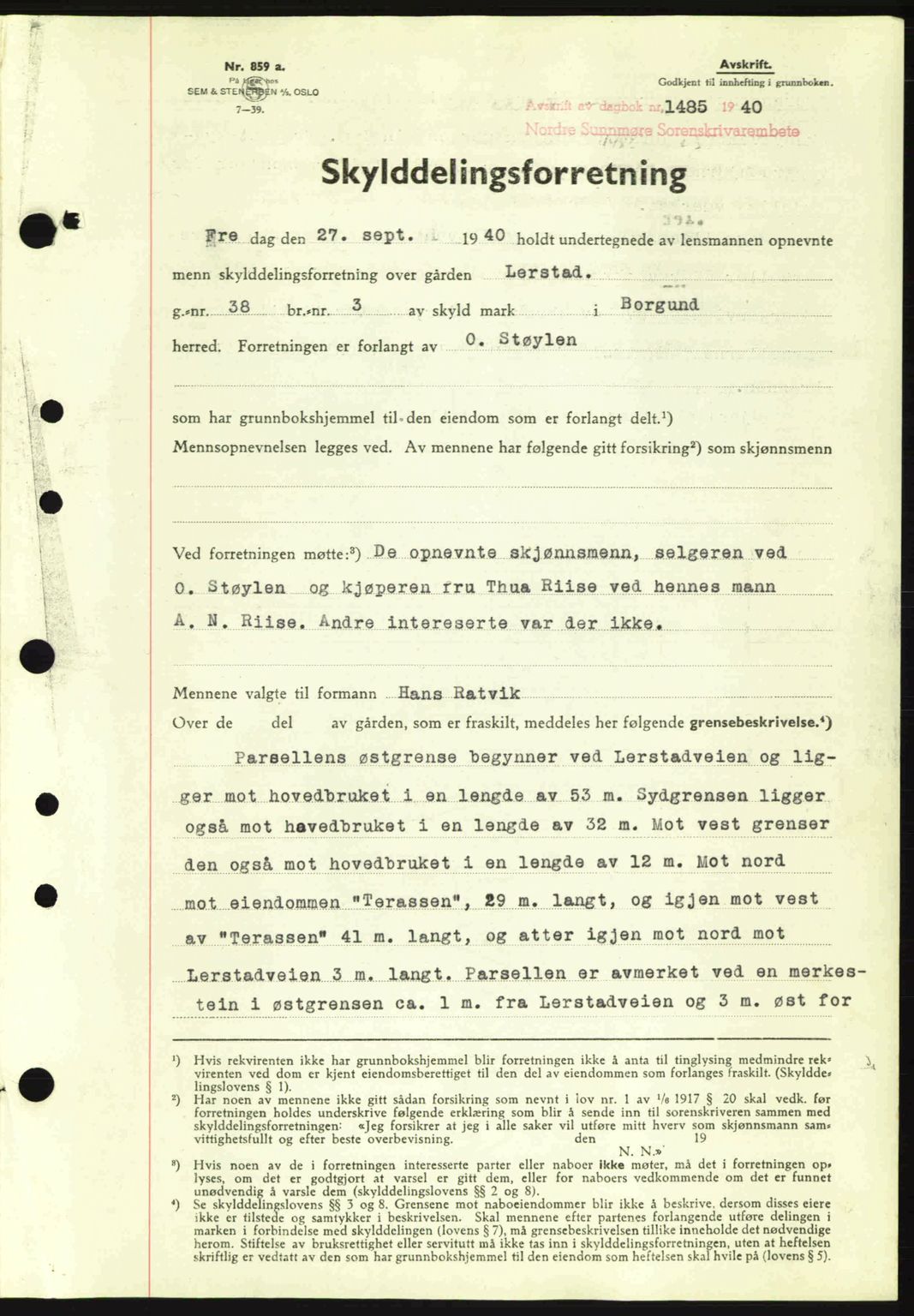 Nordre Sunnmøre sorenskriveri, AV/SAT-A-0006/1/2/2C/2Ca: Mortgage book no. A9, 1940-1940, Diary no: : 1485/1940