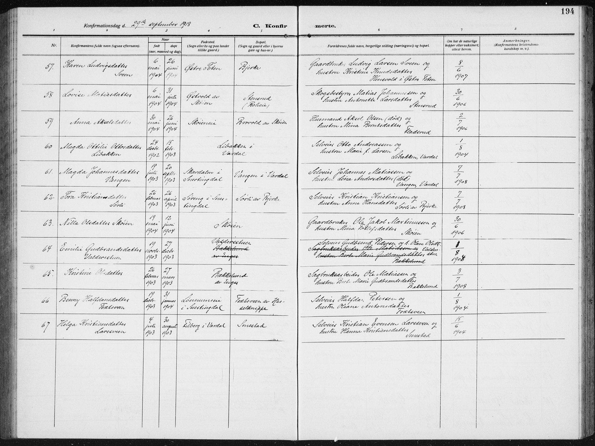 Biri prestekontor, AV/SAH-PREST-096/H/Ha/Hab/L0006: Parish register (copy) no. 6, 1909-1938, p. 194