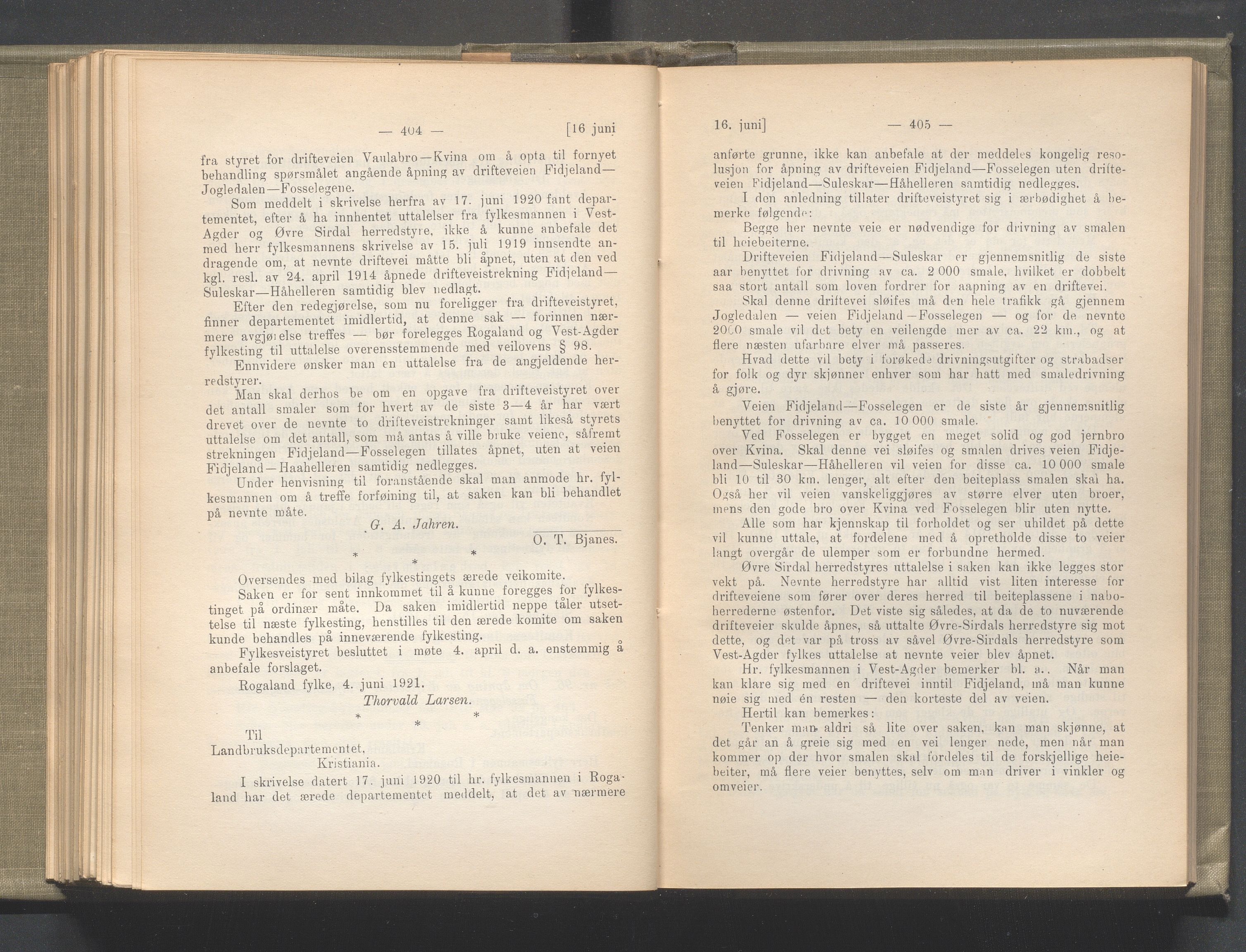 Rogaland fylkeskommune - Fylkesrådmannen , IKAR/A-900/A/Aa/Aaa/L0040: Møtebok , 1921, p. 404-405