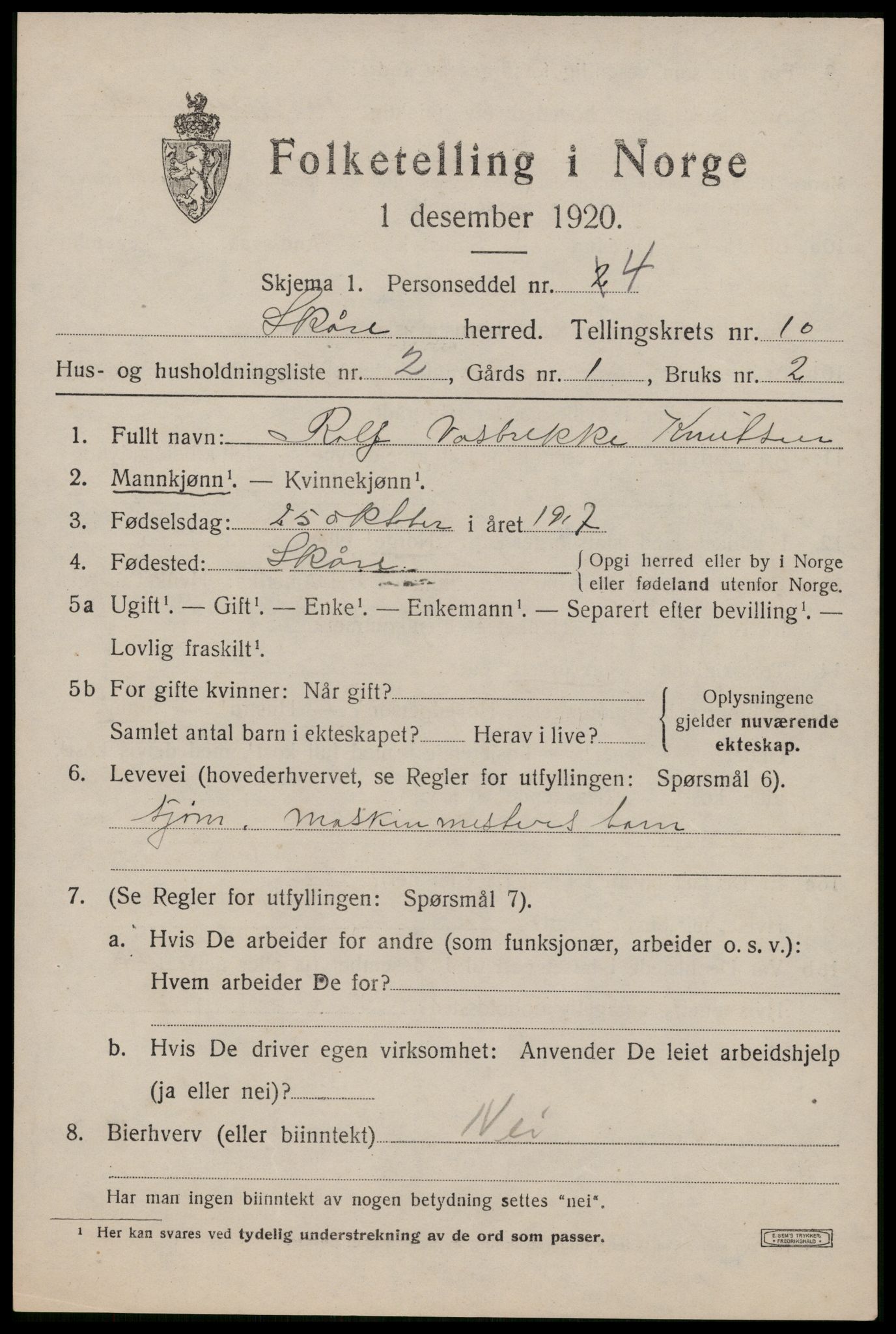 SAST, 1920 census for Skåre, 1920, p. 7876