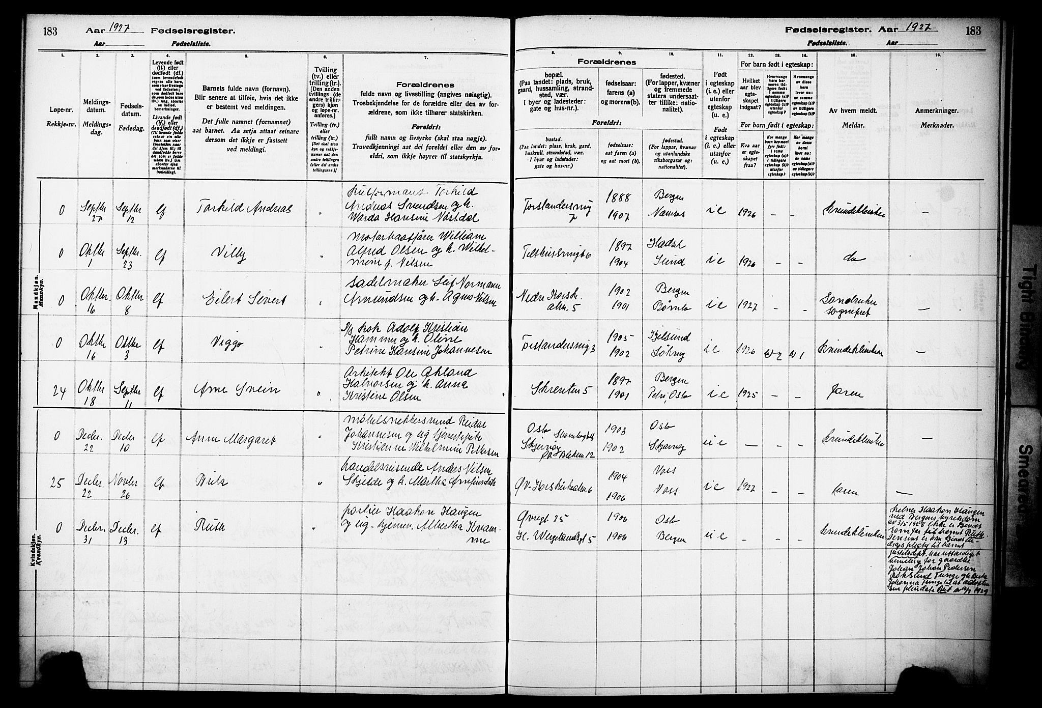 Korskirken sokneprestembete, AV/SAB-A-76101/I/Id/L00A1: Birth register no. A 1, 1916-1929, p. 183