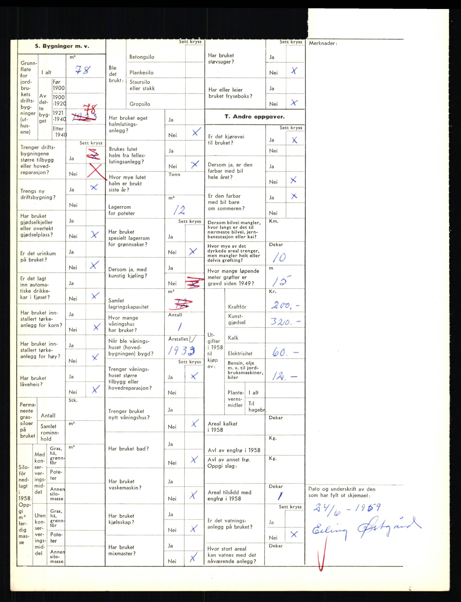 Statistisk sentralbyrå, Næringsøkonomiske emner, Jordbruk, skogbruk, jakt, fiske og fangst, AV/RA-S-2234/G/Gd/L0655: Troms: 1924 Målselv (kl. 4-10), 1959, p. 1820