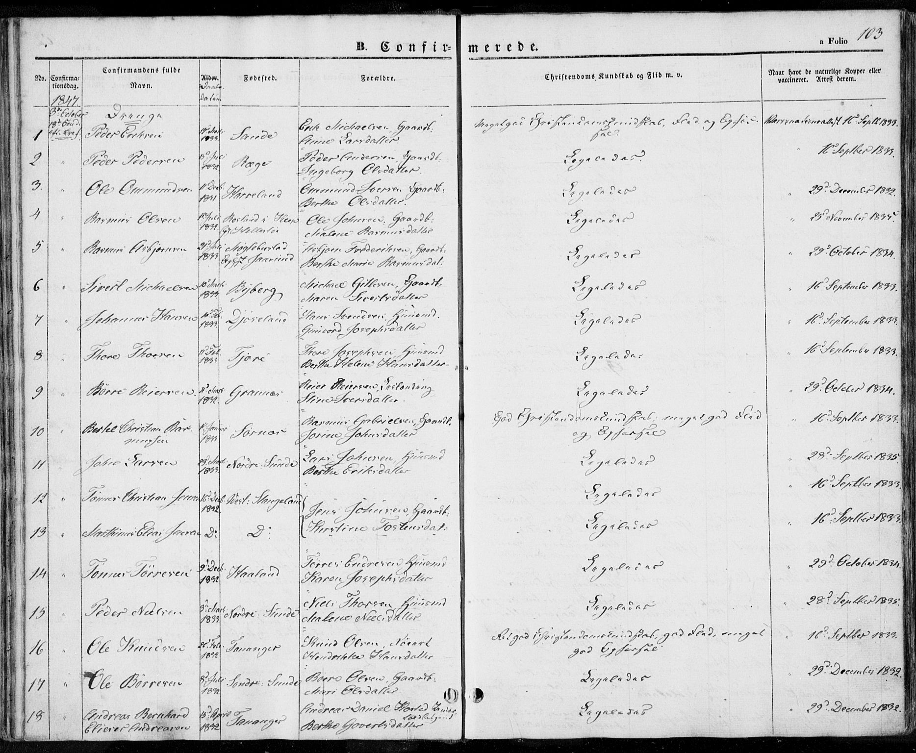 Håland sokneprestkontor, SAST/A-101802/001/30BA/L0006: Parish register (official) no. A 6, 1842-1853, p. 103
