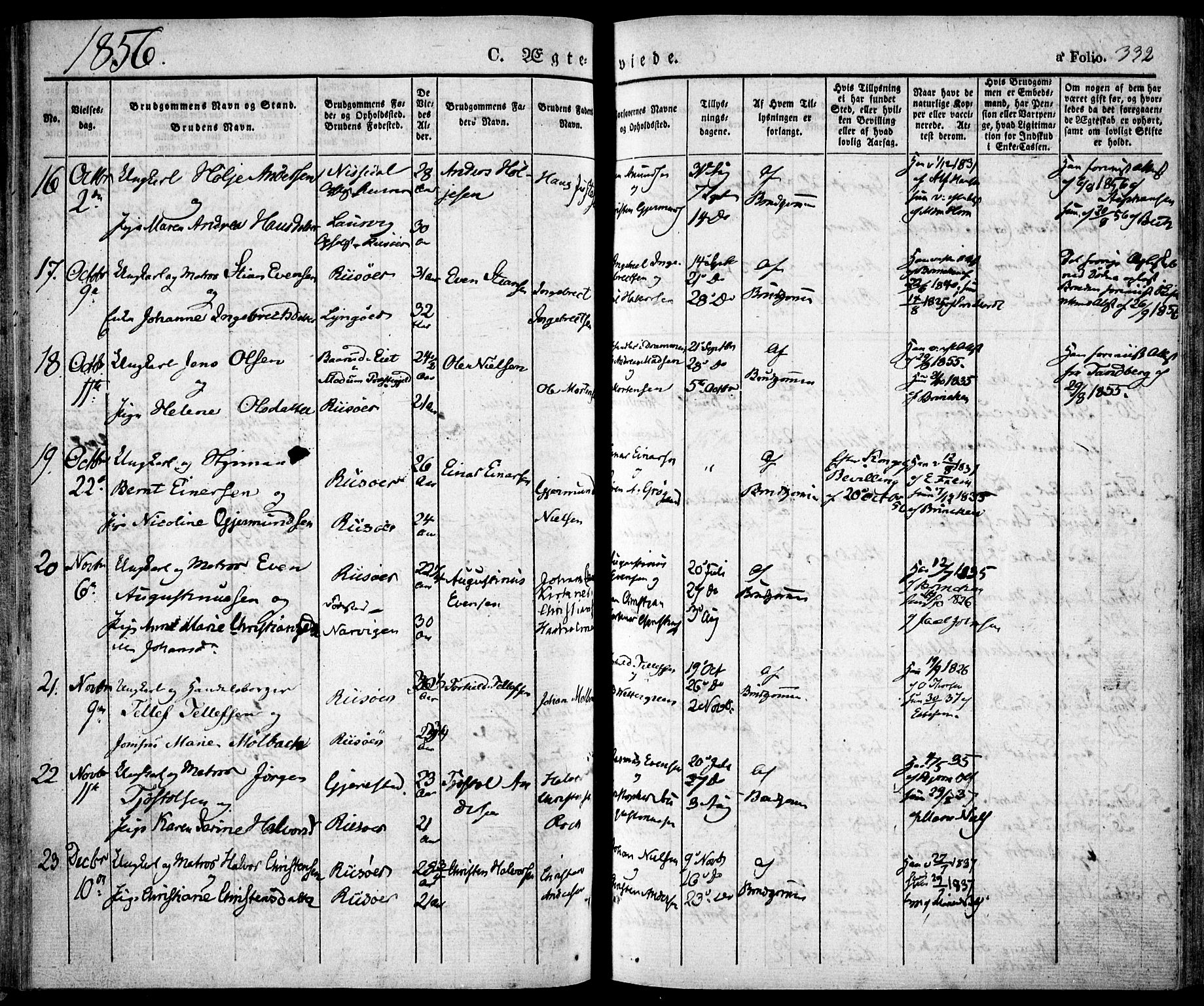 Risør sokneprestkontor, AV/SAK-1111-0035/F/Fa/L0003: Parish register (official) no. A 3, 1838-1864, p. 332