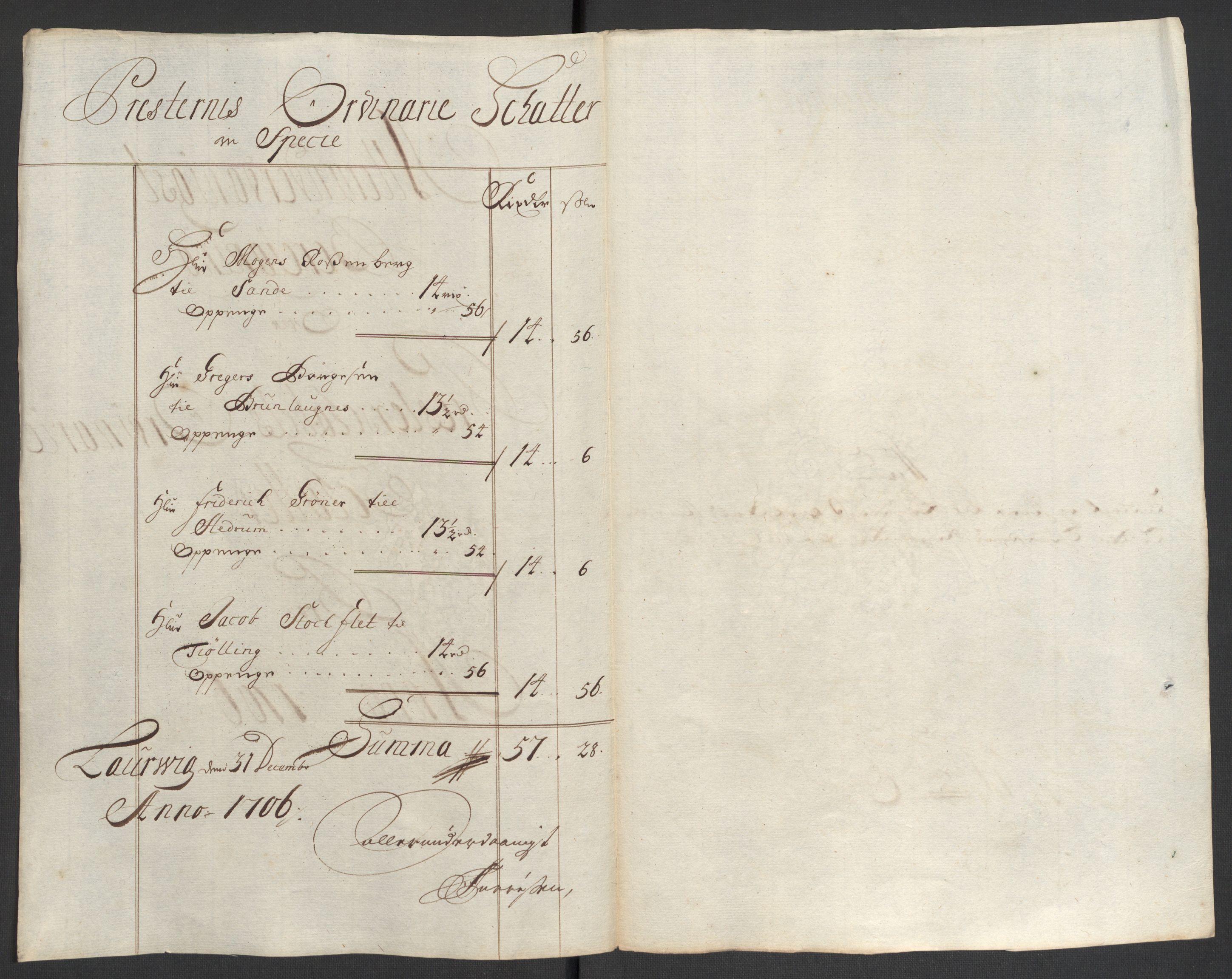 Rentekammeret inntil 1814, Reviderte regnskaper, Fogderegnskap, RA/EA-4092/R33/L1979: Fogderegnskap Larvik grevskap, 1706, p. 150
