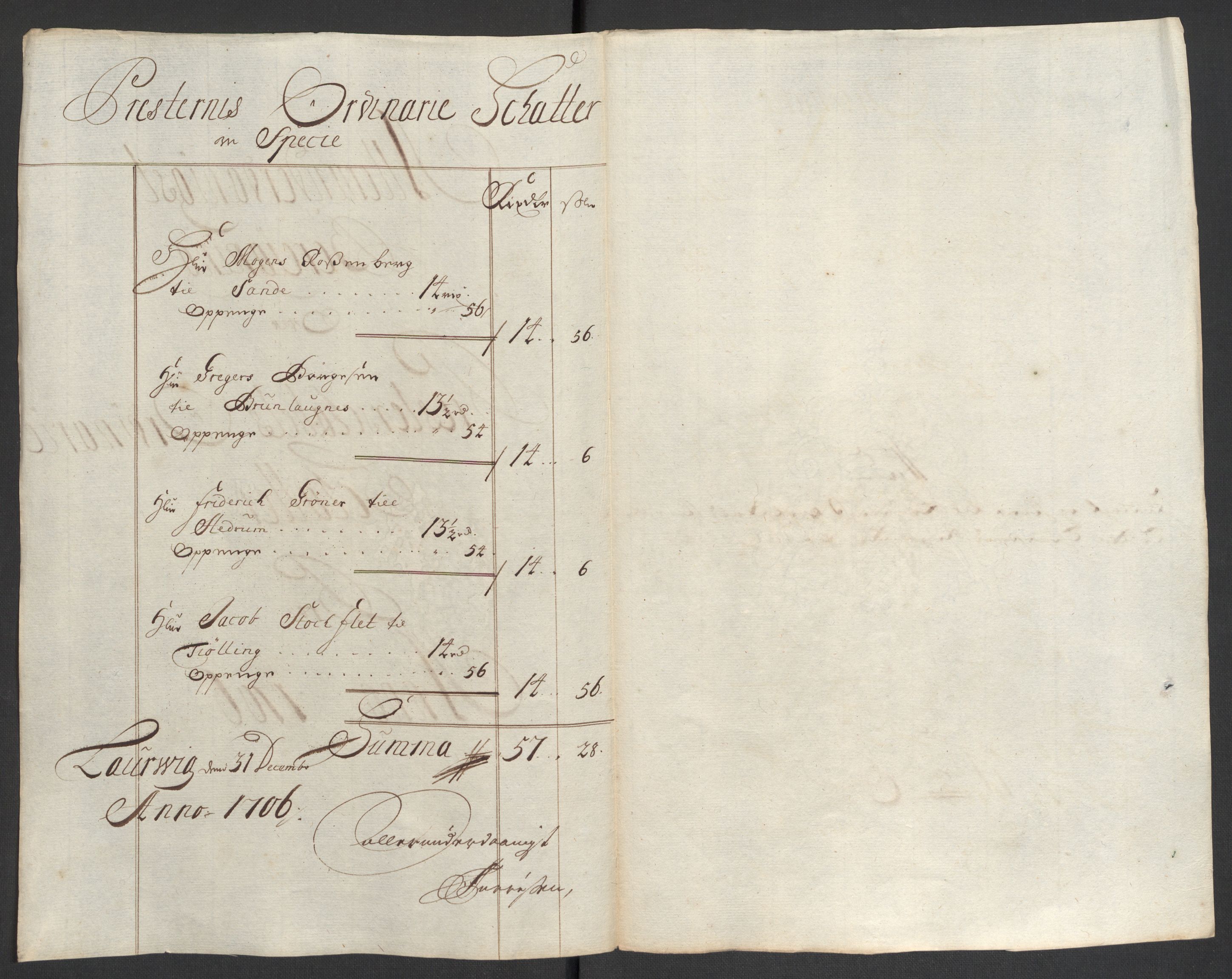 Rentekammeret inntil 1814, Reviderte regnskaper, Fogderegnskap, AV/RA-EA-4092/R33/L1979: Fogderegnskap Larvik grevskap, 1706, p. 150