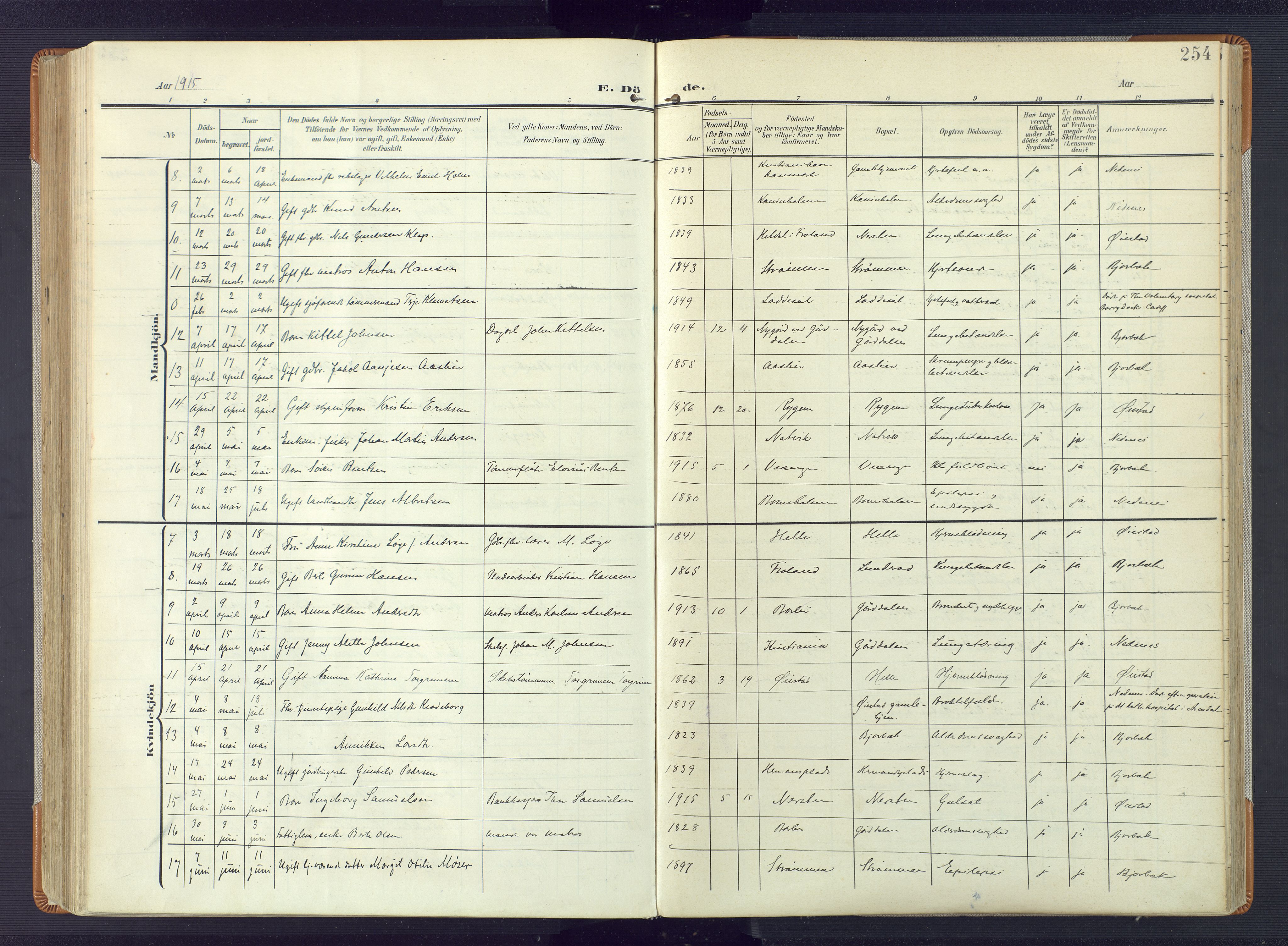 Øyestad sokneprestkontor, AV/SAK-1111-0049/F/Fa/L0019: Parish register (official) no. A 19, 1908-1922, p. 254