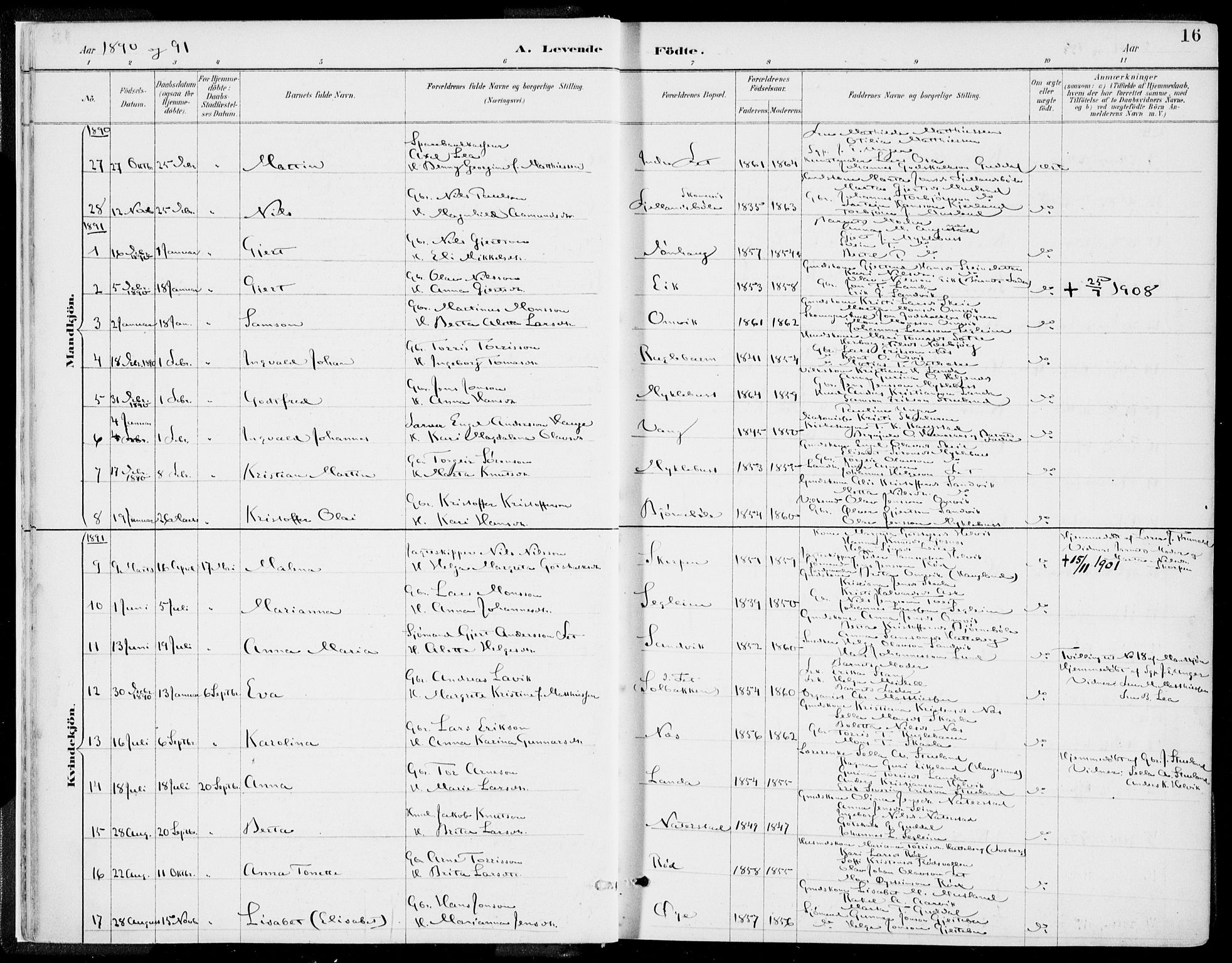 Kvinnherad sokneprestembete, SAB/A-76401/H/Haa: Parish register (official) no. B  1, 1887-1921, p. 16
