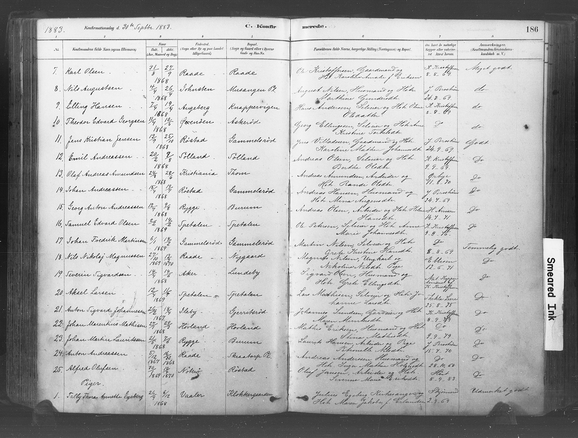 Råde prestekontor kirkebøker, AV/SAO-A-2009/F/Fa/L0007: Parish register (official) no. 7, 1878-1902, p. 186