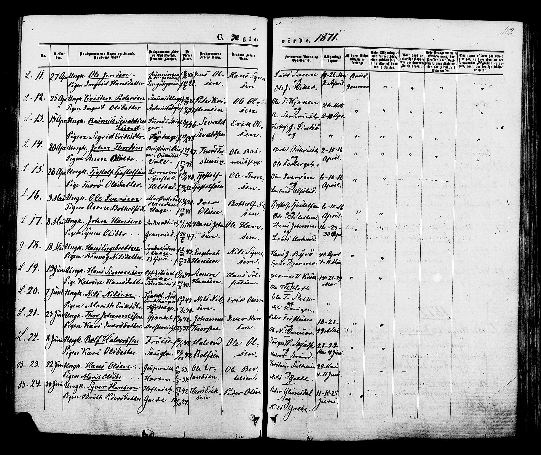 Lom prestekontor, SAH/PREST-070/K/L0007: Parish register (official) no. 7, 1863-1884, p. 182