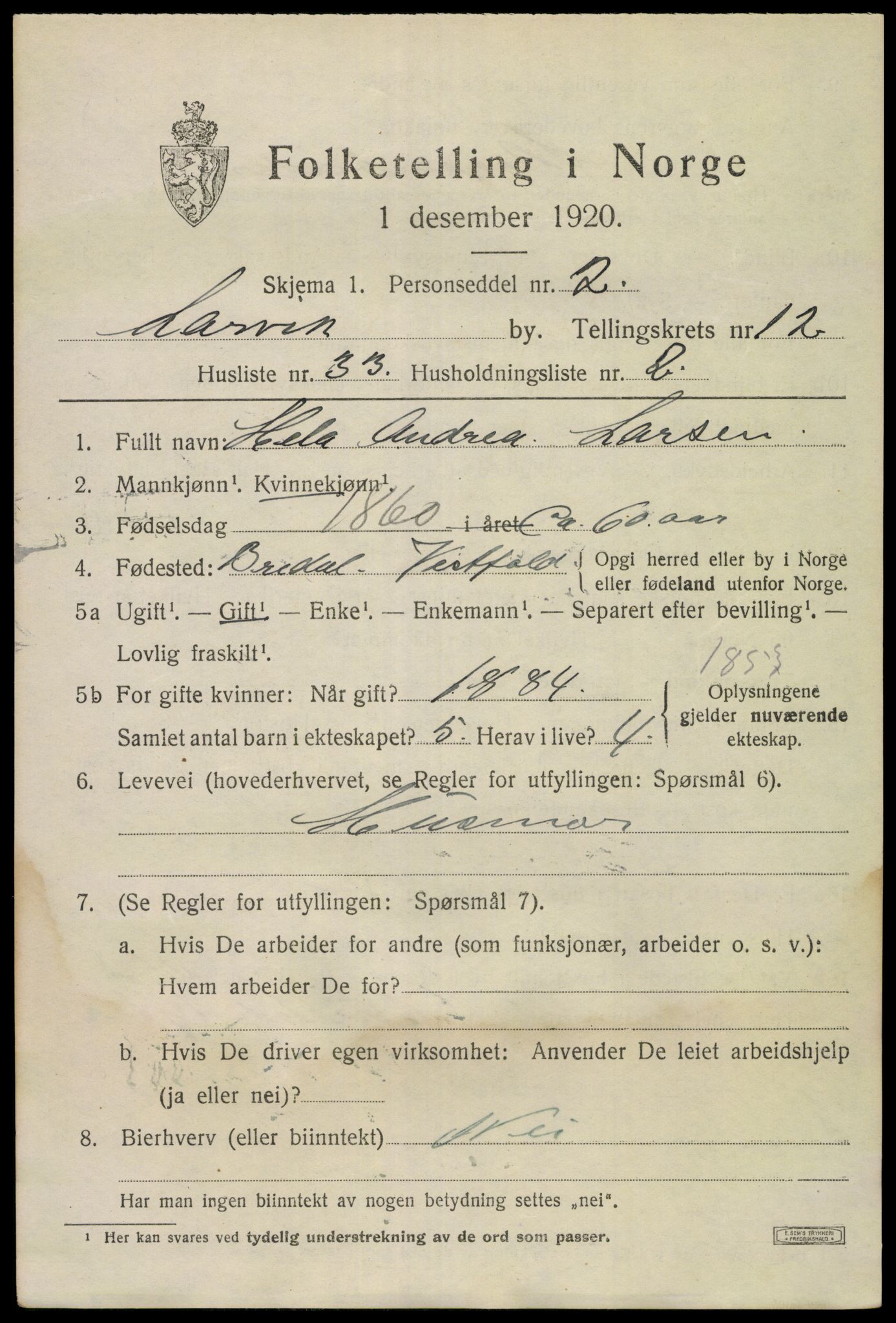 SAKO, 1920 census for Larvik, 1920, p. 31018