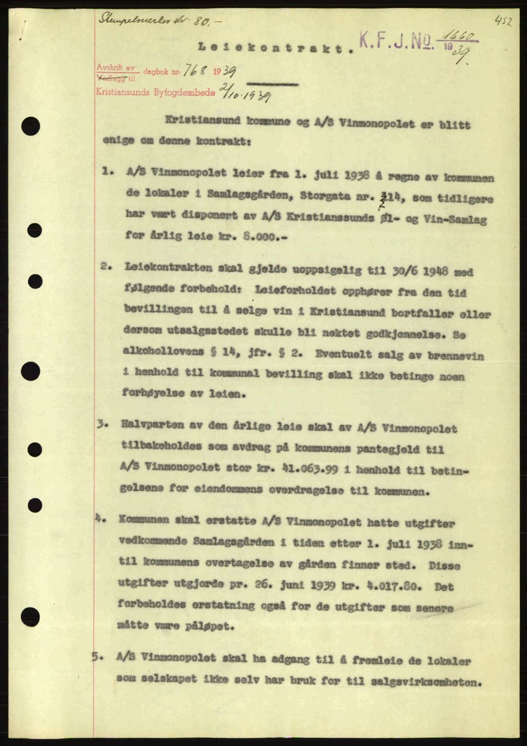 Kristiansund byfogd, AV/SAT-A-4587/A/27: Mortgage book no. 31, 1938-1939, Diary no: : 768/1939