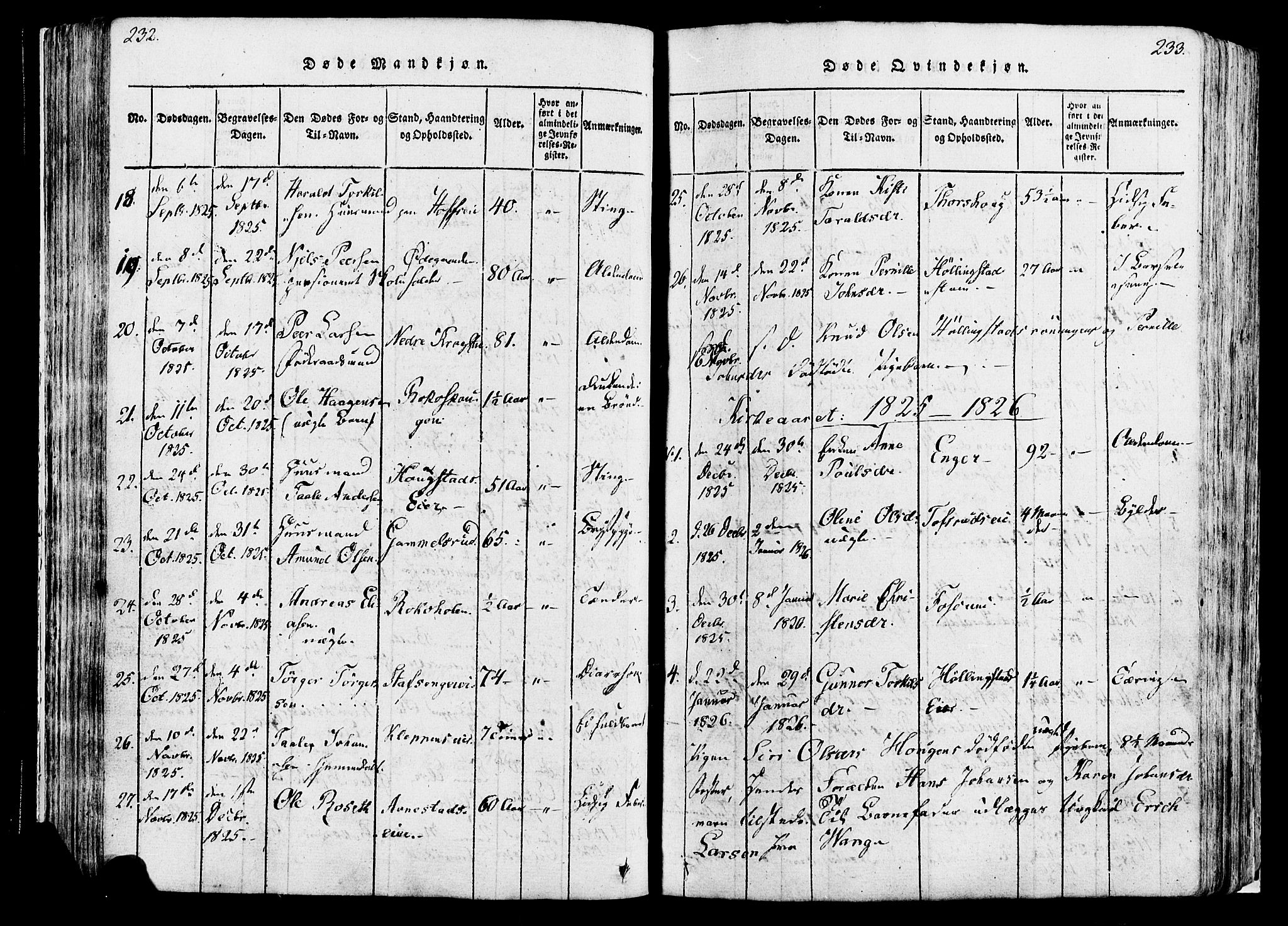 Løten prestekontor, AV/SAH-PREST-022/K/Ka/L0005: Parish register (official) no. 5, 1814-1832, p. 232-233