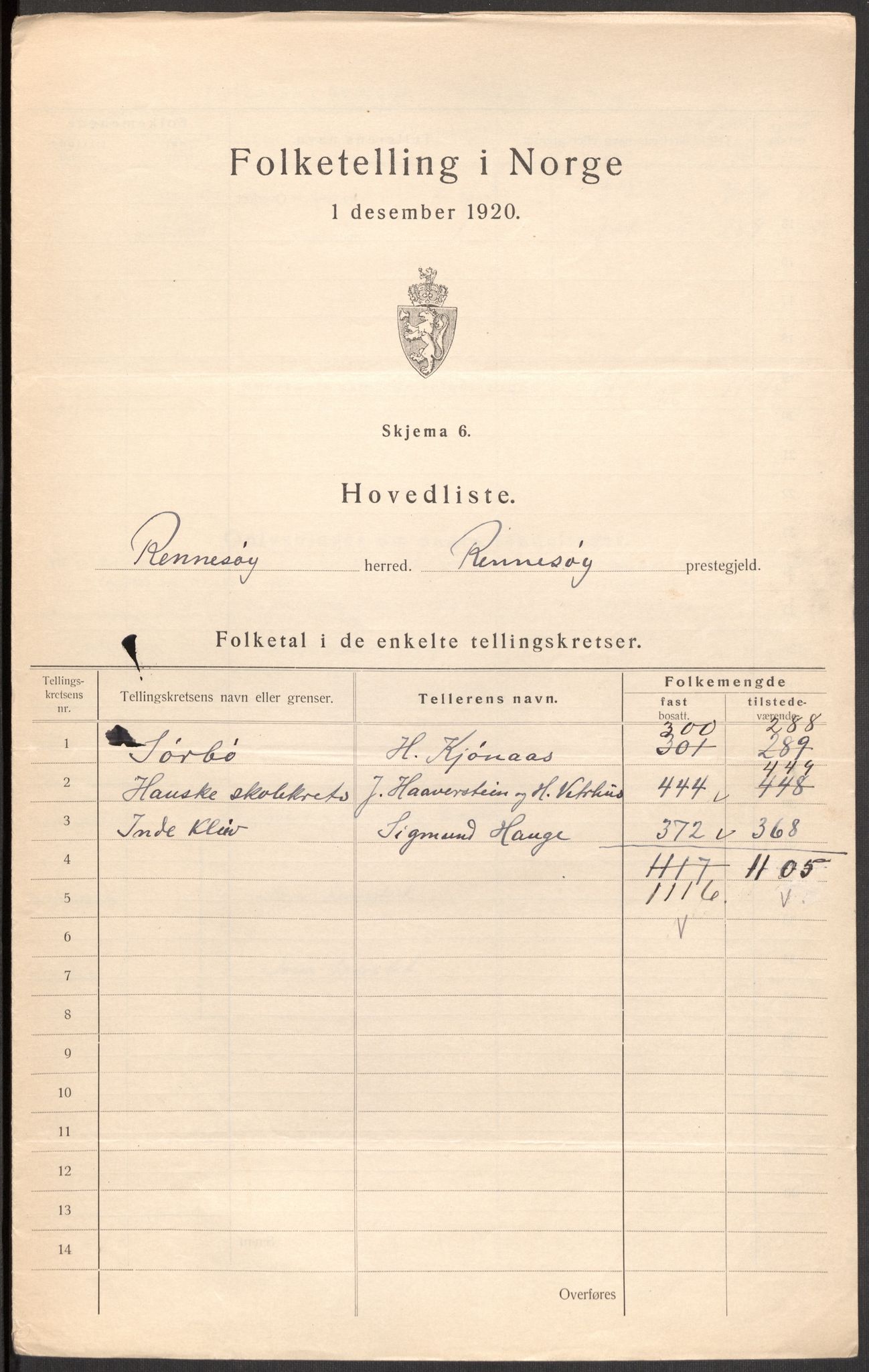 SAST, 1920 census for Rennesøy, 1920, p. 4