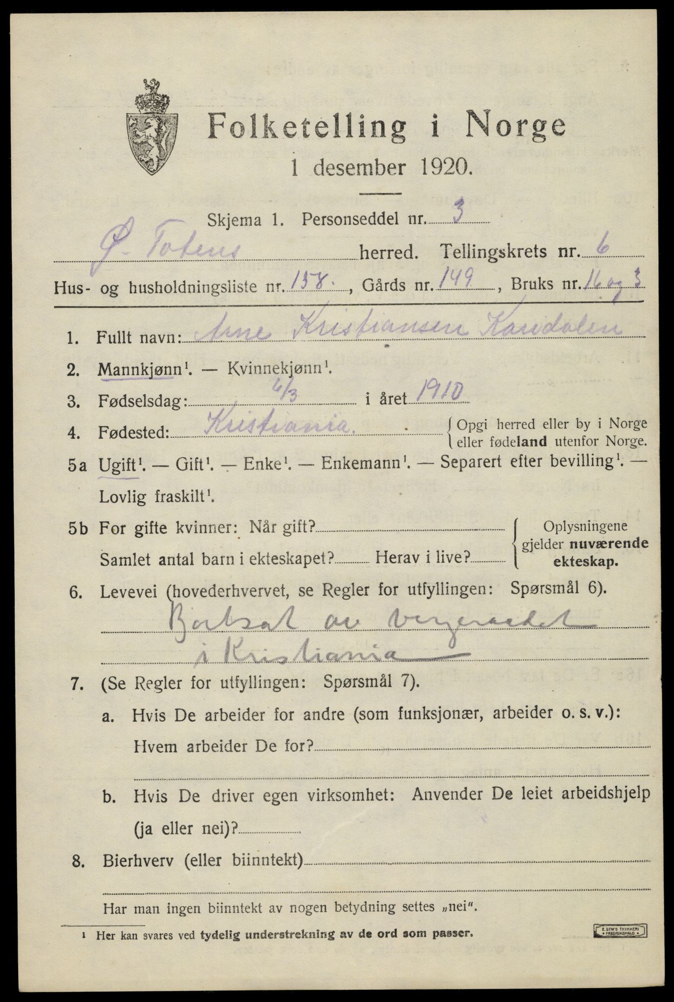 SAH, 1920 census for Østre Toten, 1920, p. 14982