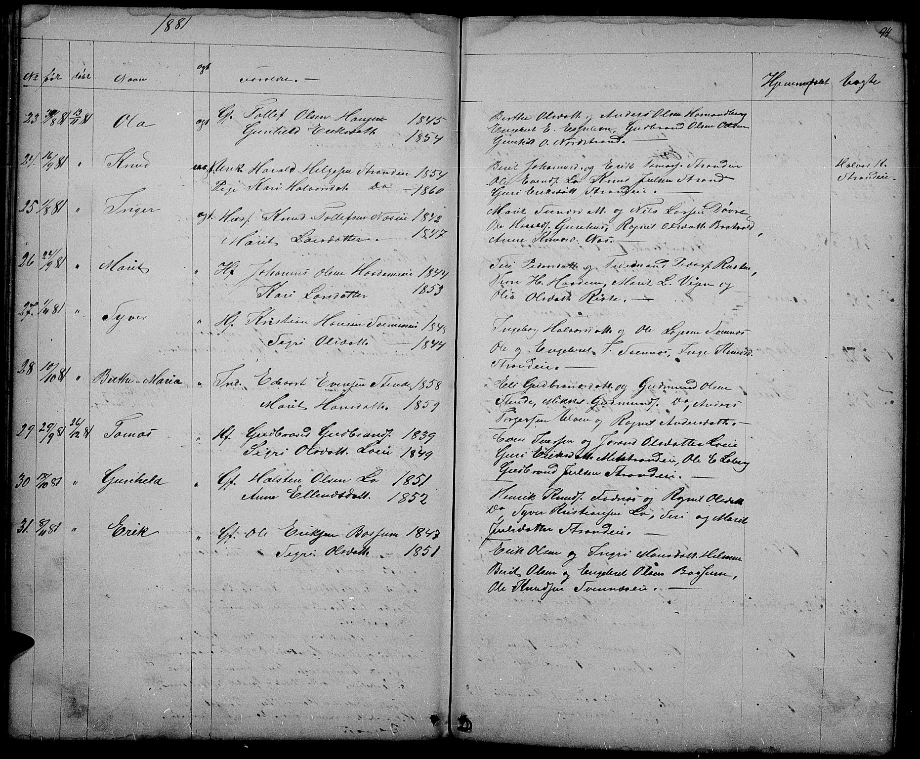 Nord-Aurdal prestekontor, SAH/PREST-132/H/Ha/Hab/L0003: Parish register (copy) no. 3, 1842-1882, p. 94