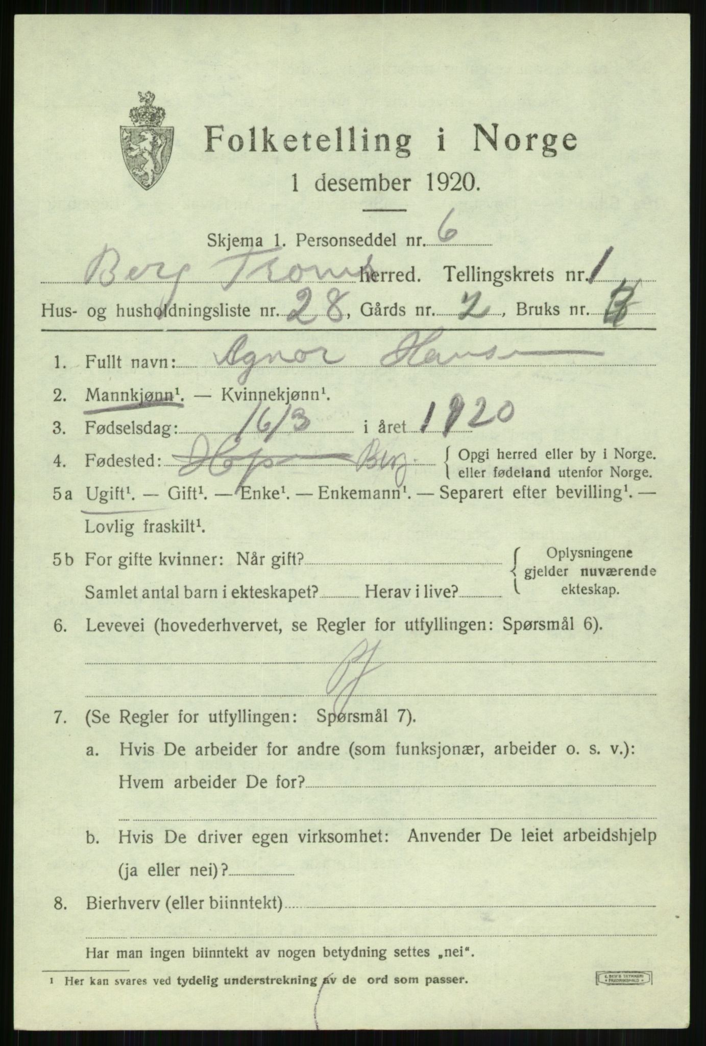 SATØ, 1920 census for Berg, 1920, p. 813