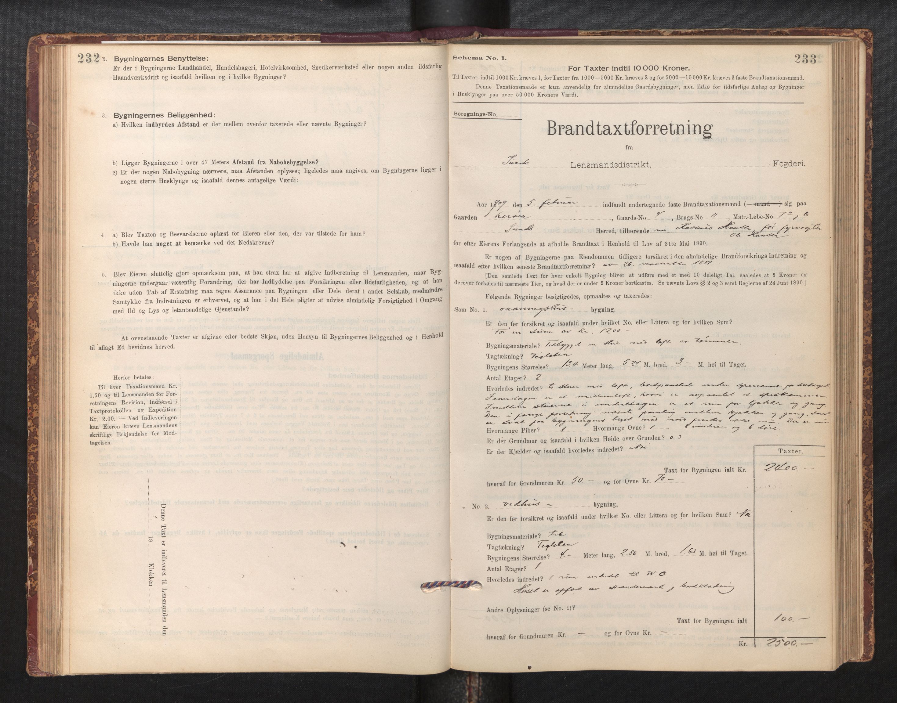 Lensmannen i Sund og Austevoll, SAB/A-35201/0012/L0003: Branntakstprotokoll, skjematakst, 1894-1917, p. 232-233