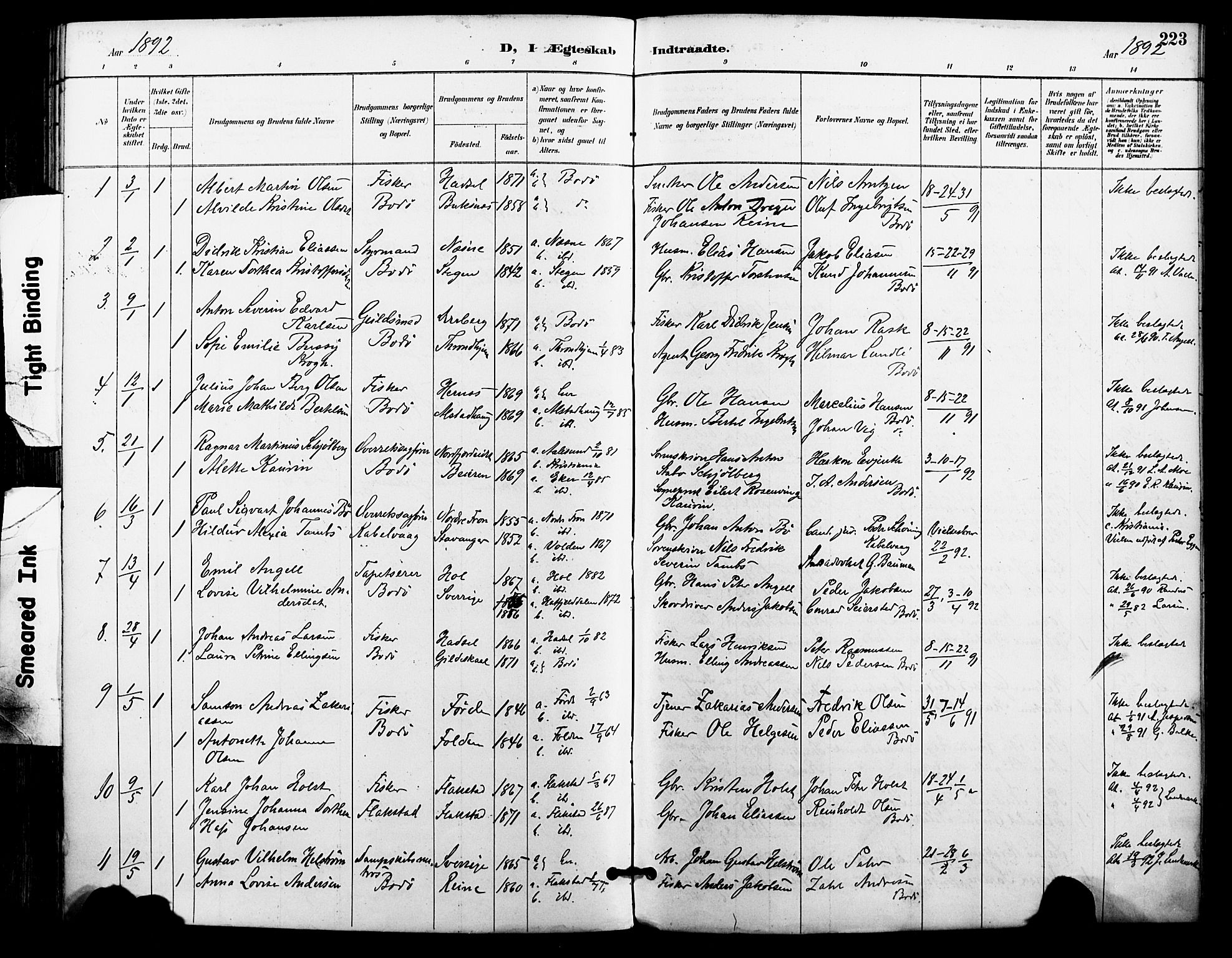 Ministerialprotokoller, klokkerbøker og fødselsregistre - Nordland, SAT/A-1459/801/L0010: Parish register (official) no. 801A10, 1888-1899, p. 223