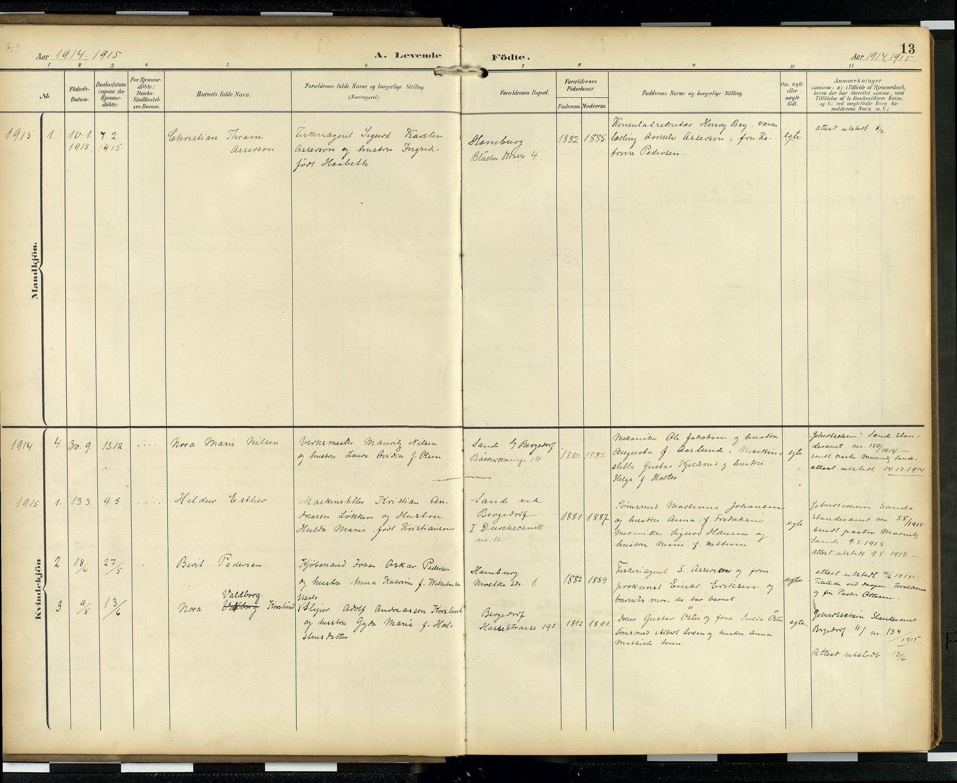 Den norske sjømannsmisjon i utlandet/Hamburg, AV/SAB-SAB/PA-0107/H/Ha/L0001: Parish register (official) no. A 1, 1907-1951, p. 12b-13a