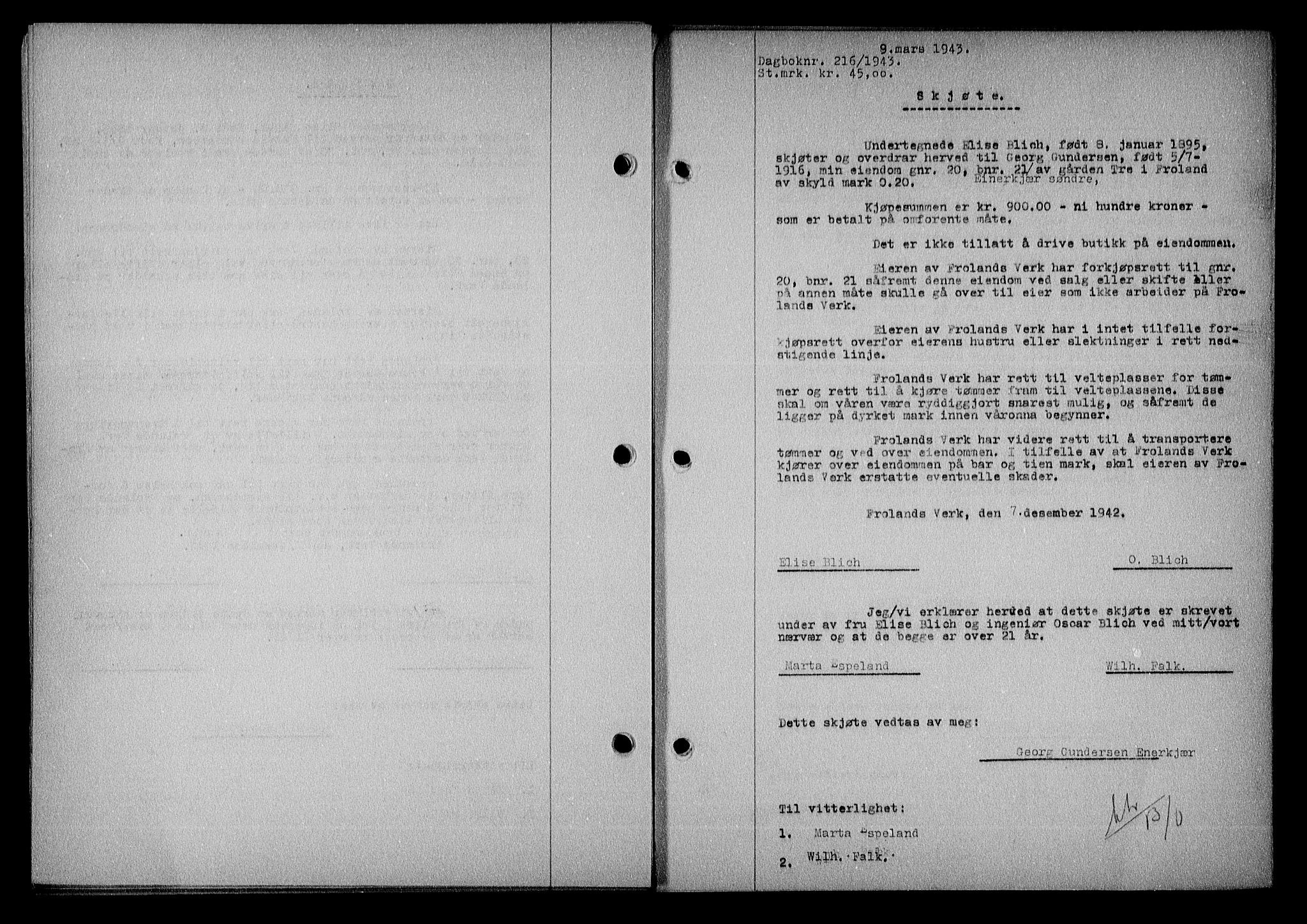 Nedenes sorenskriveri, AV/SAK-1221-0006/G/Gb/Gba/L0050: Mortgage book no. A-IV, 1942-1943, Diary no: : 216/1943