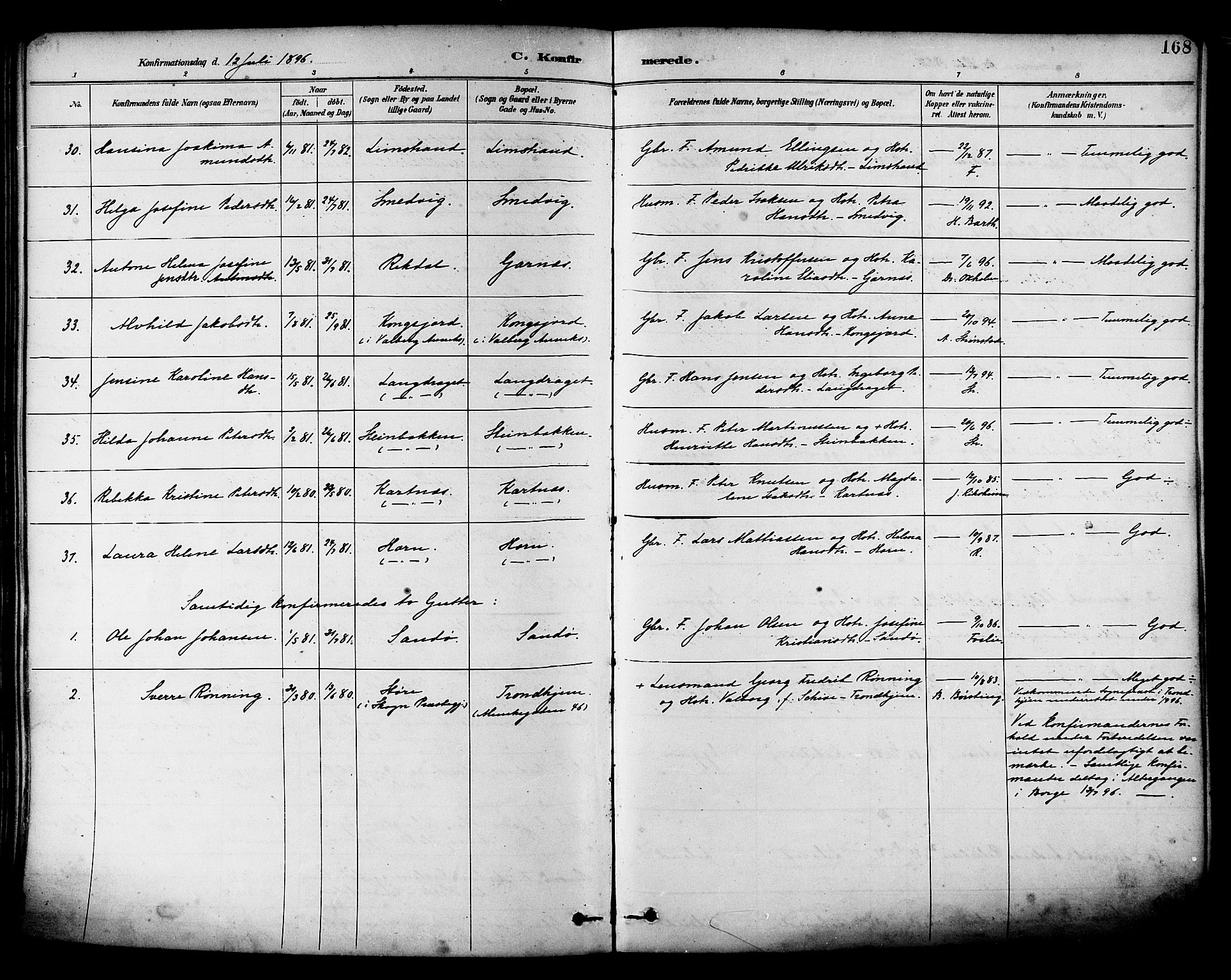 Ministerialprotokoller, klokkerbøker og fødselsregistre - Nordland, AV/SAT-A-1459/880/L1133: Parish register (official) no. 880A07, 1888-1898, p. 168