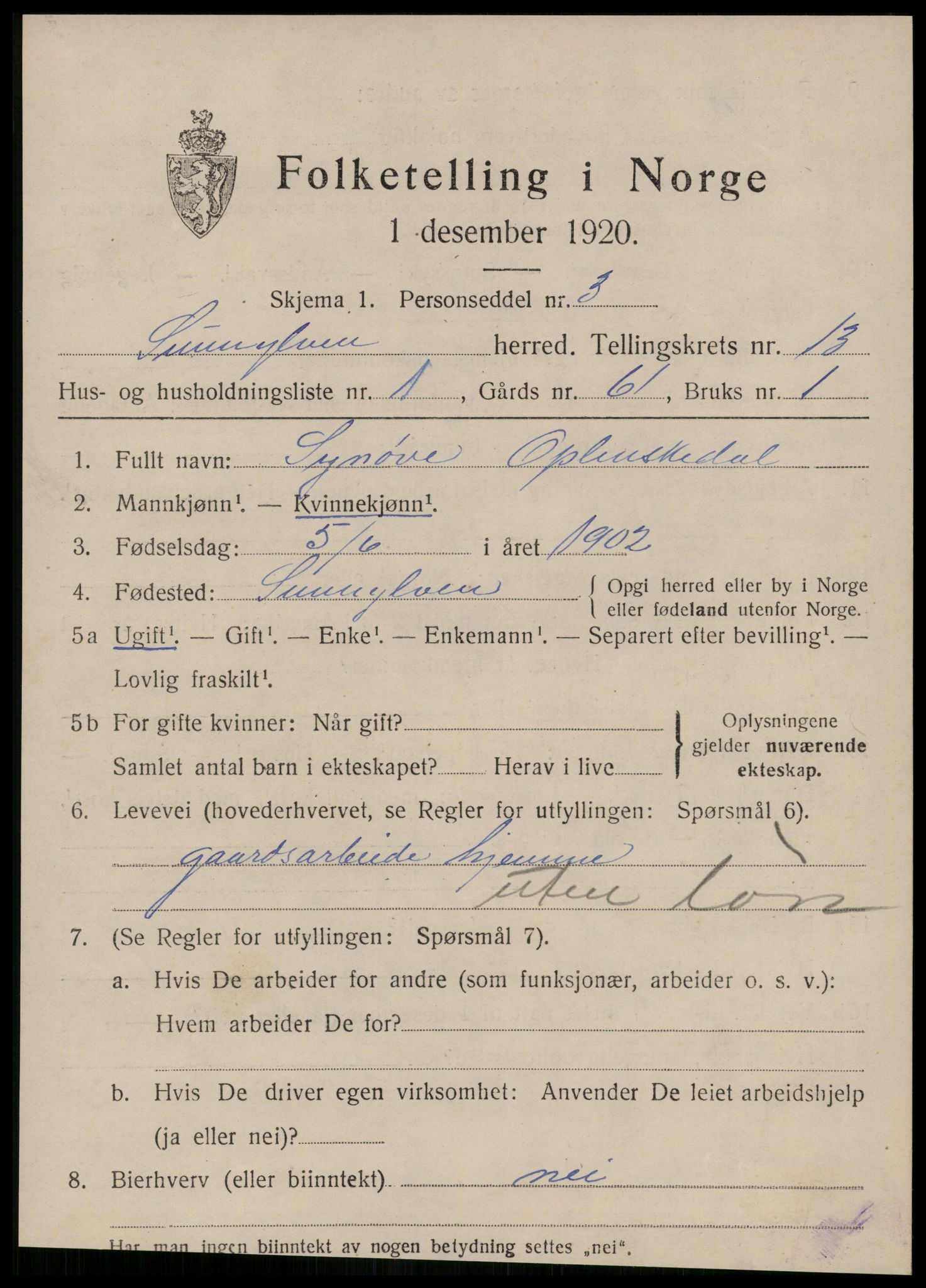SAT, 1920 census for Sunnylven, 1920, p. 3654