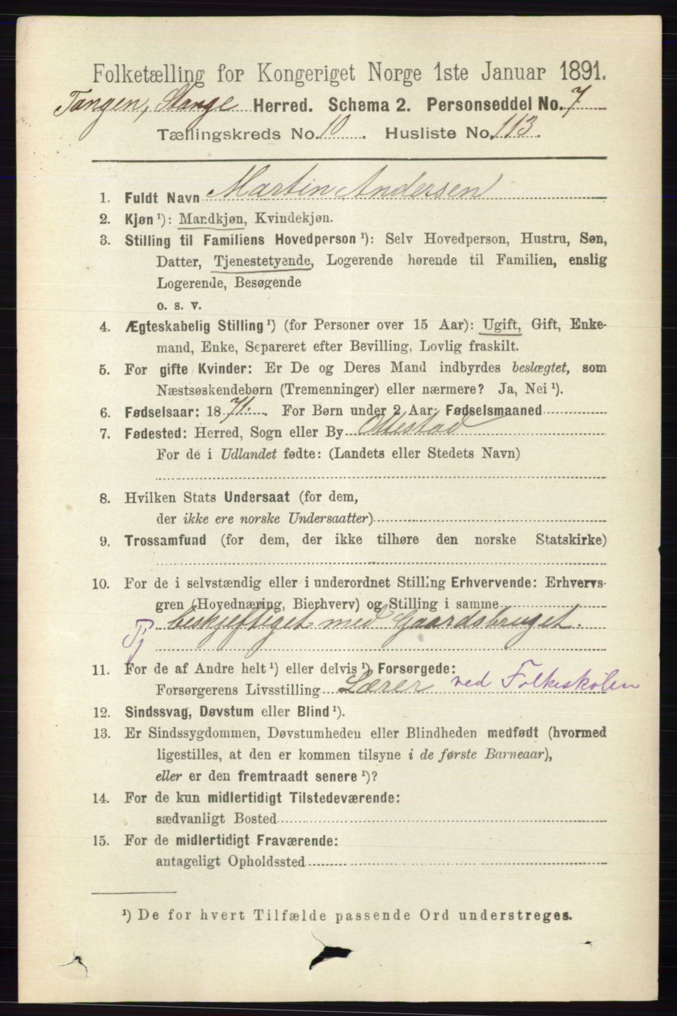 RA, 1891 census for 0417 Stange, 1891, p. 7426