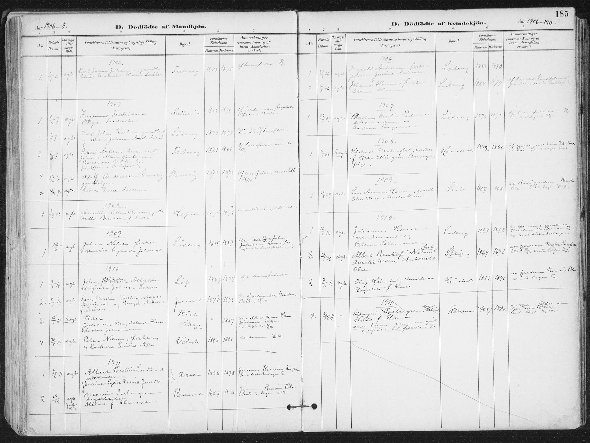 Ministerialprotokoller, klokkerbøker og fødselsregistre - Nordland, SAT/A-1459/802/L0055: Parish register (official) no. 802A02, 1894-1915, p. 185