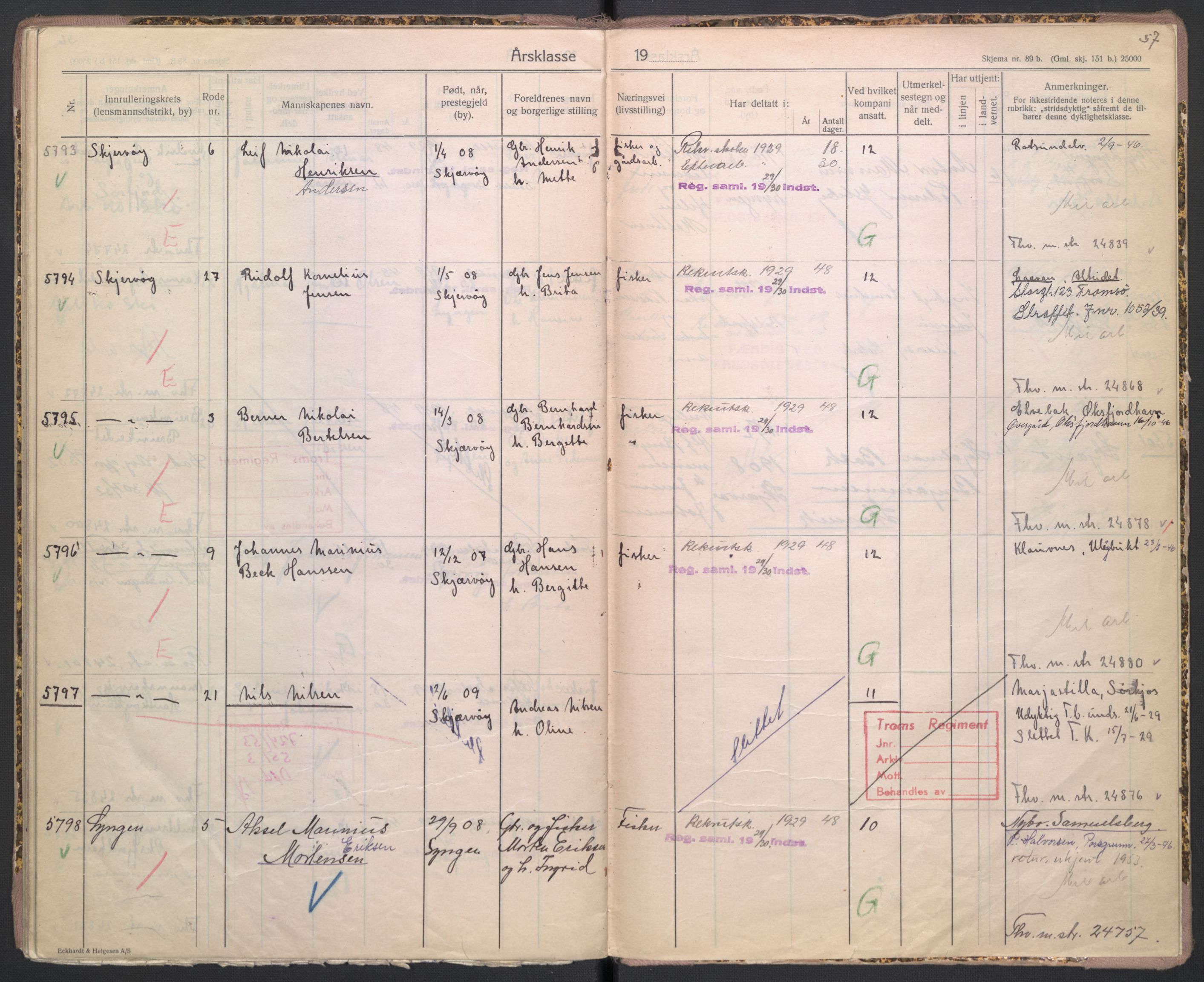 Forsvaret, Troms infanteriregiment nr. 16, AV/RA-RAFA-3146/P/Pa/L0005/0002: Ruller / Rulle for Lyngen bataljons menige mannskaper, årsklasse 1929, 1929, p. 57