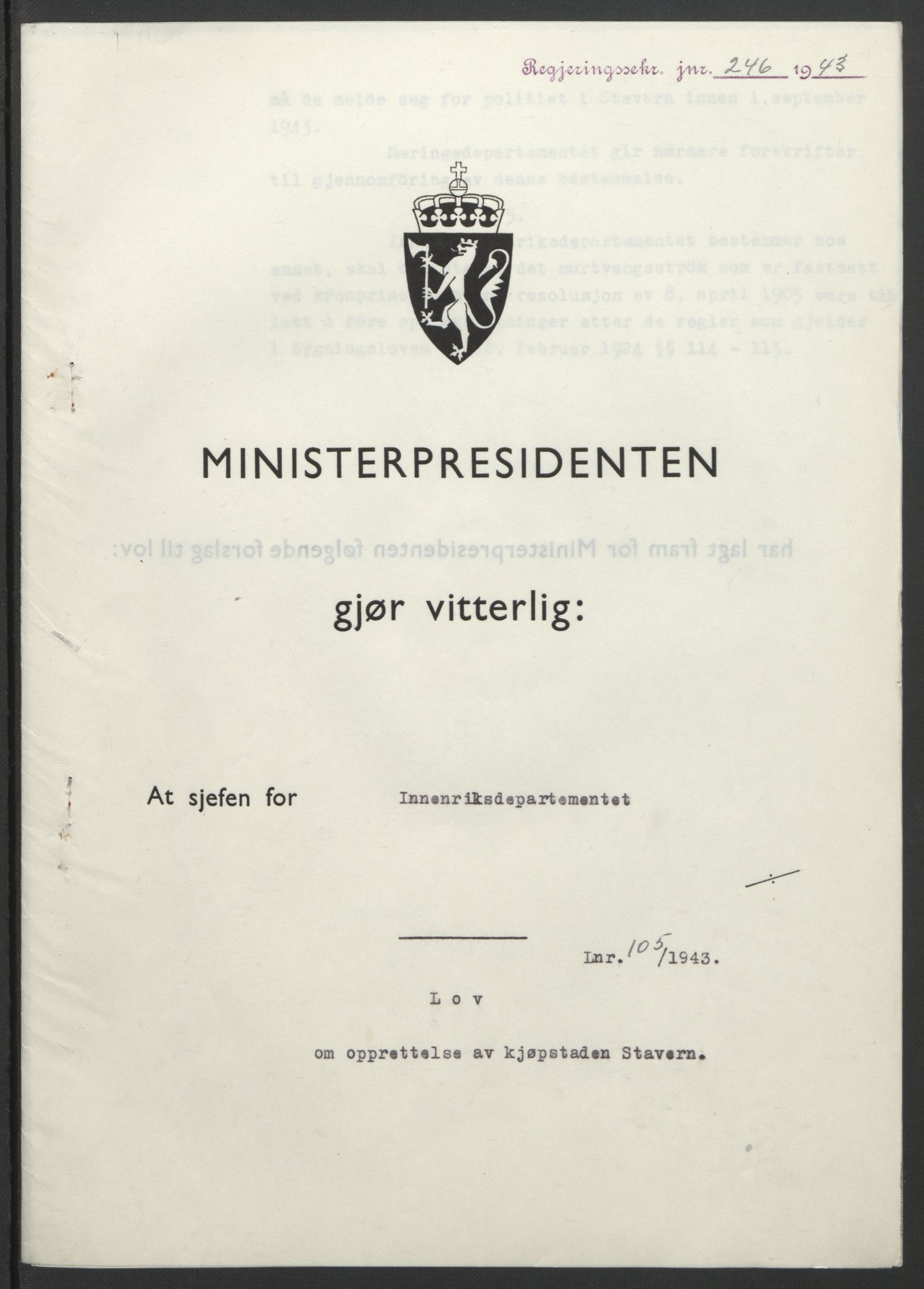 NS-administrasjonen 1940-1945 (Statsrådsekretariatet, de kommisariske statsråder mm), RA/S-4279/D/Db/L0099: Lover, 1943, p. 487