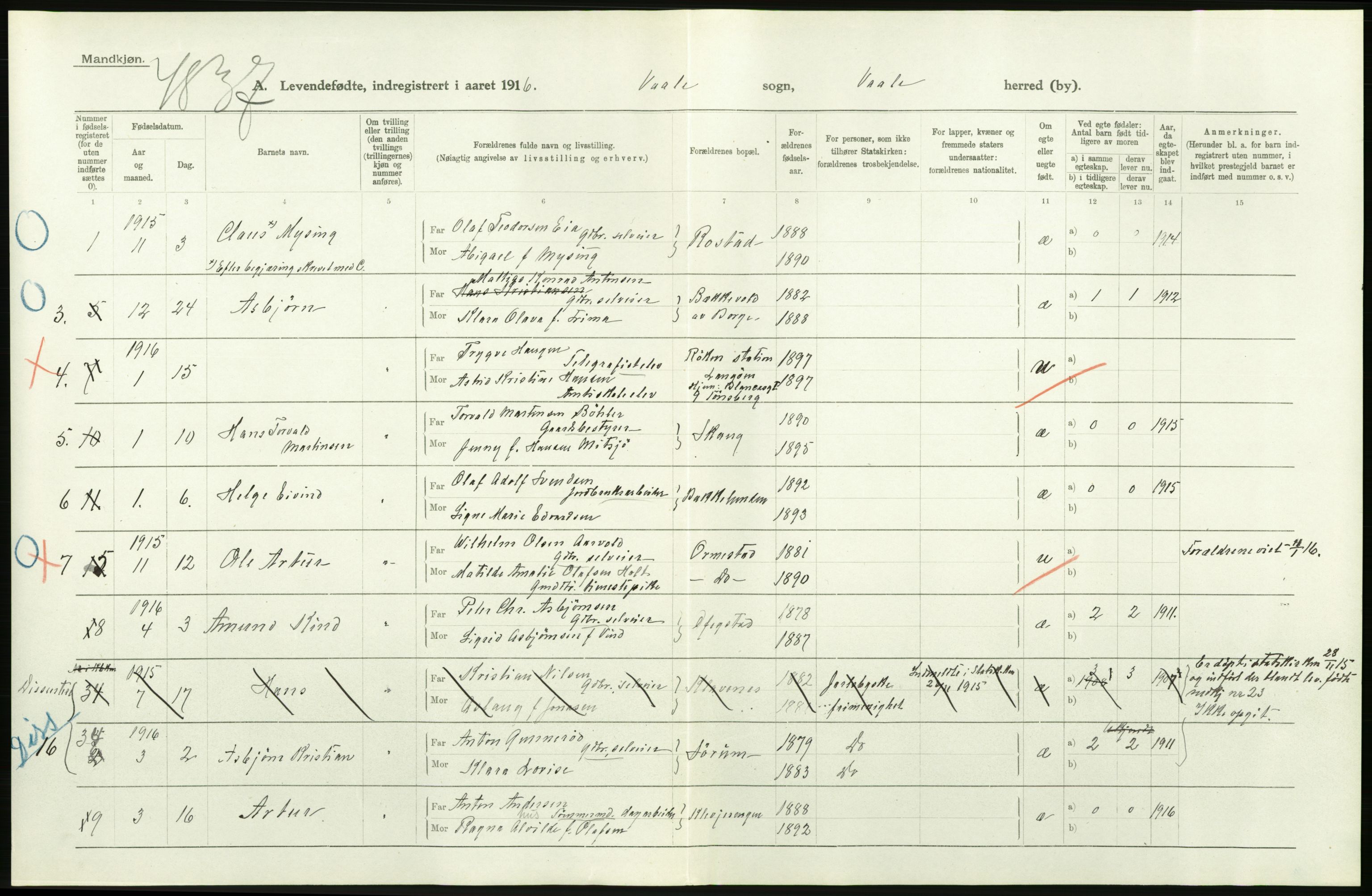 Statistisk sentralbyrå, Sosiodemografiske emner, Befolkning, AV/RA-S-2228/D/Df/Dfb/Dfbf/L0020: Jarlsberg og Larviks amt: Levendefødte menn og kvinner. Bygder og byer., 1916, p. 322