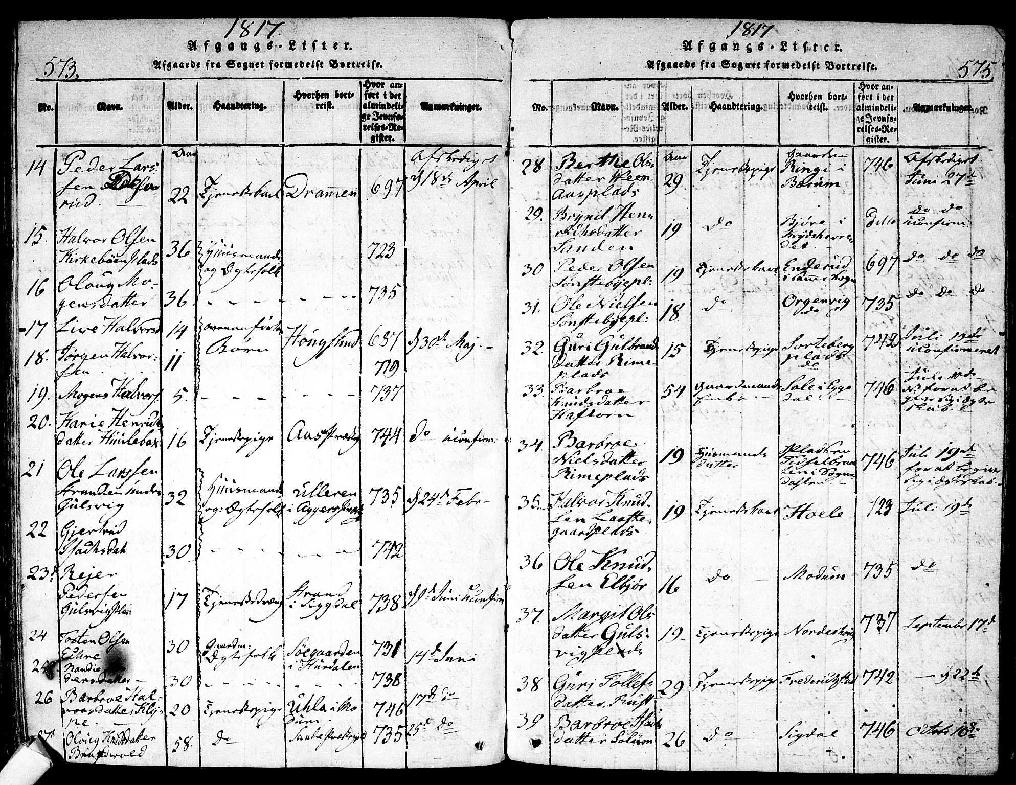 Nes kirkebøker, AV/SAKO-A-236/F/Fa/L0007: Parish register (official) no. 7, 1815-1823, p. 573-575 (b)