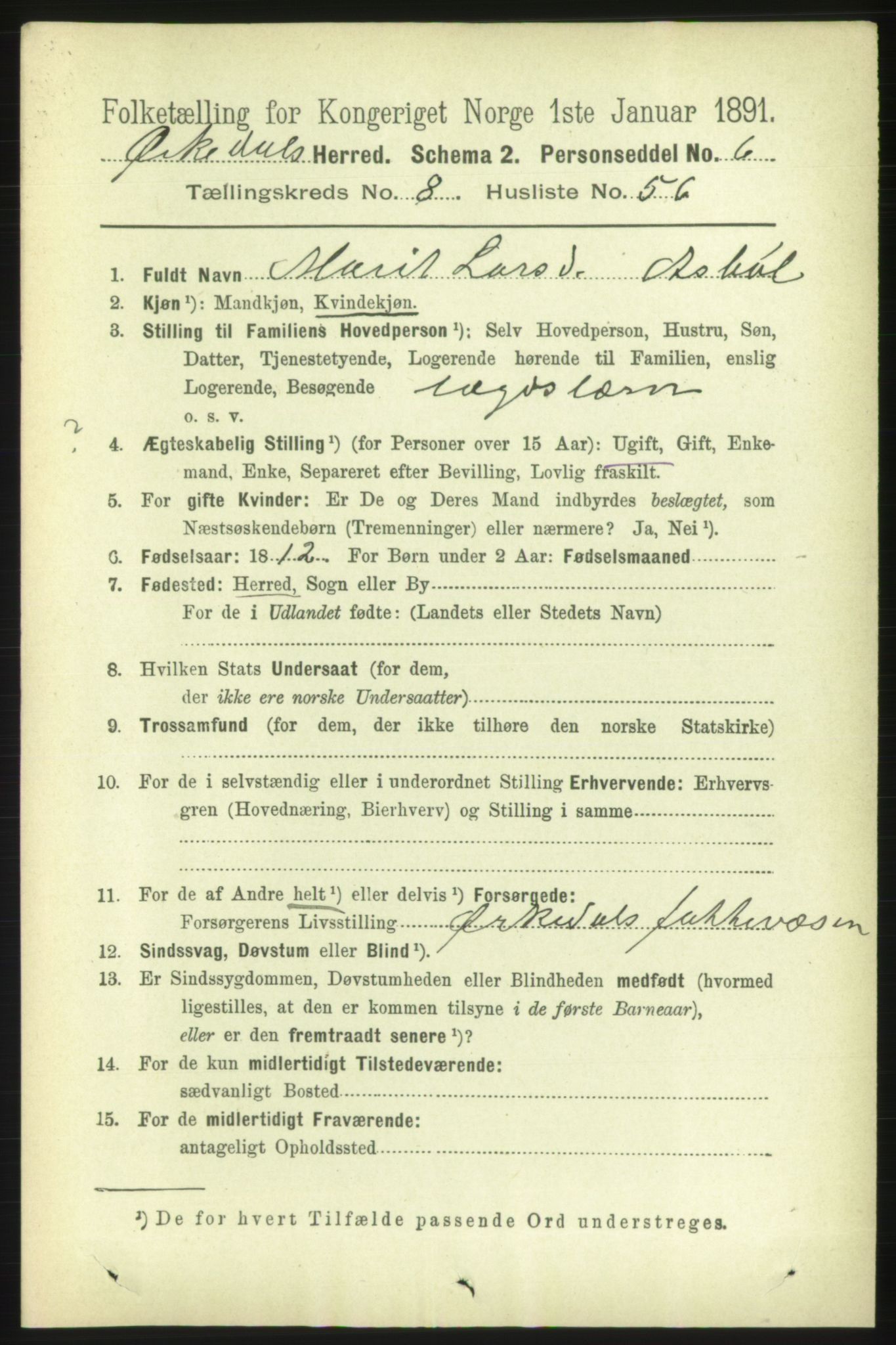 RA, 1891 census for 1638 Orkdal, 1891, p. 4212