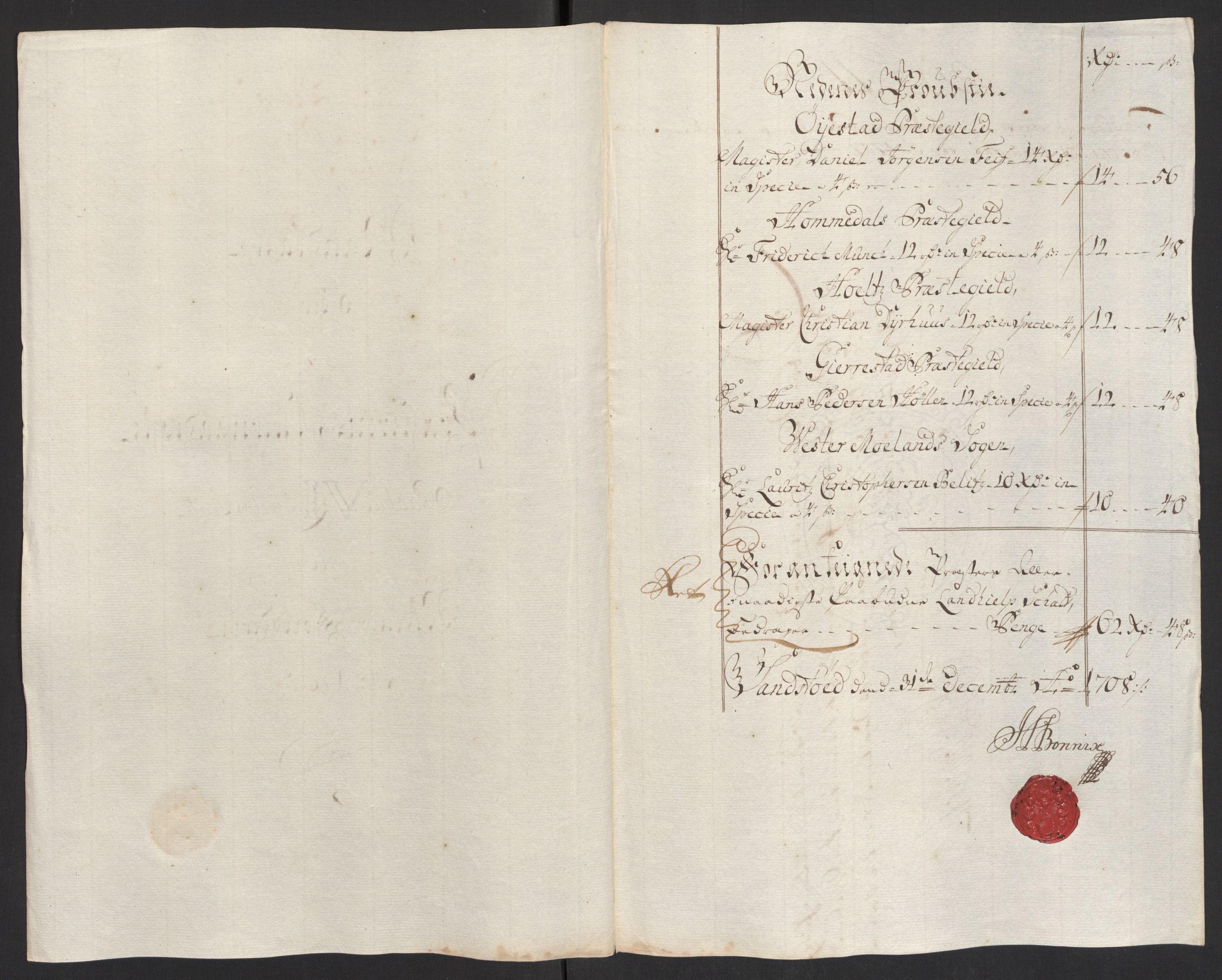 Rentekammeret inntil 1814, Reviderte regnskaper, Fogderegnskap, RA/EA-4092/R39/L2318: Fogderegnskap Nedenes, 1706-1709, p. 287