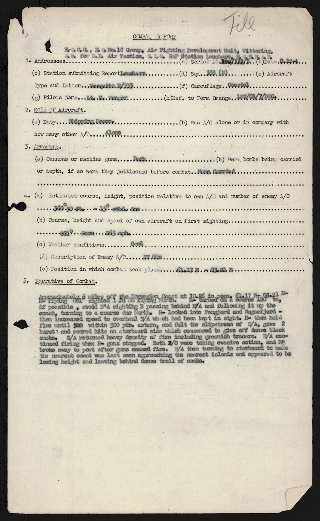 Forsvaret, 333 Skvadron, AV/RA-RAFA-2003/1/Da/L0041: Combat, Crash and and Circumstantial Reports , 1943-1945, p. 459