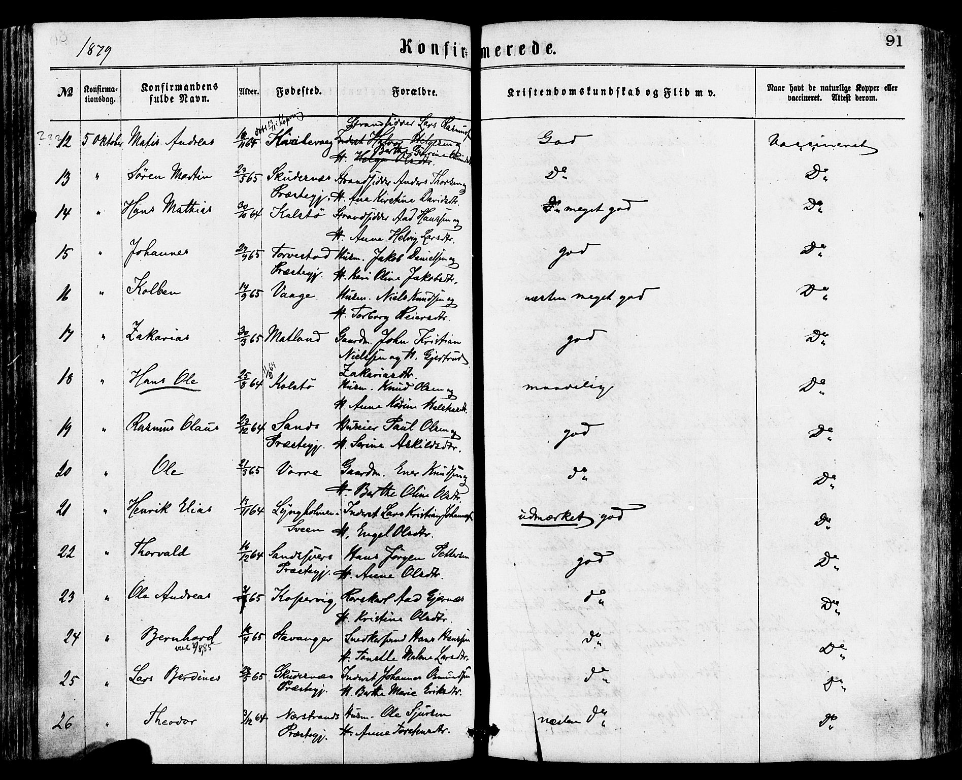 Avaldsnes sokneprestkontor, AV/SAST-A -101851/H/Ha/Haa/L0012: Parish register (official) no. A 12, 1865-1880, p. 91