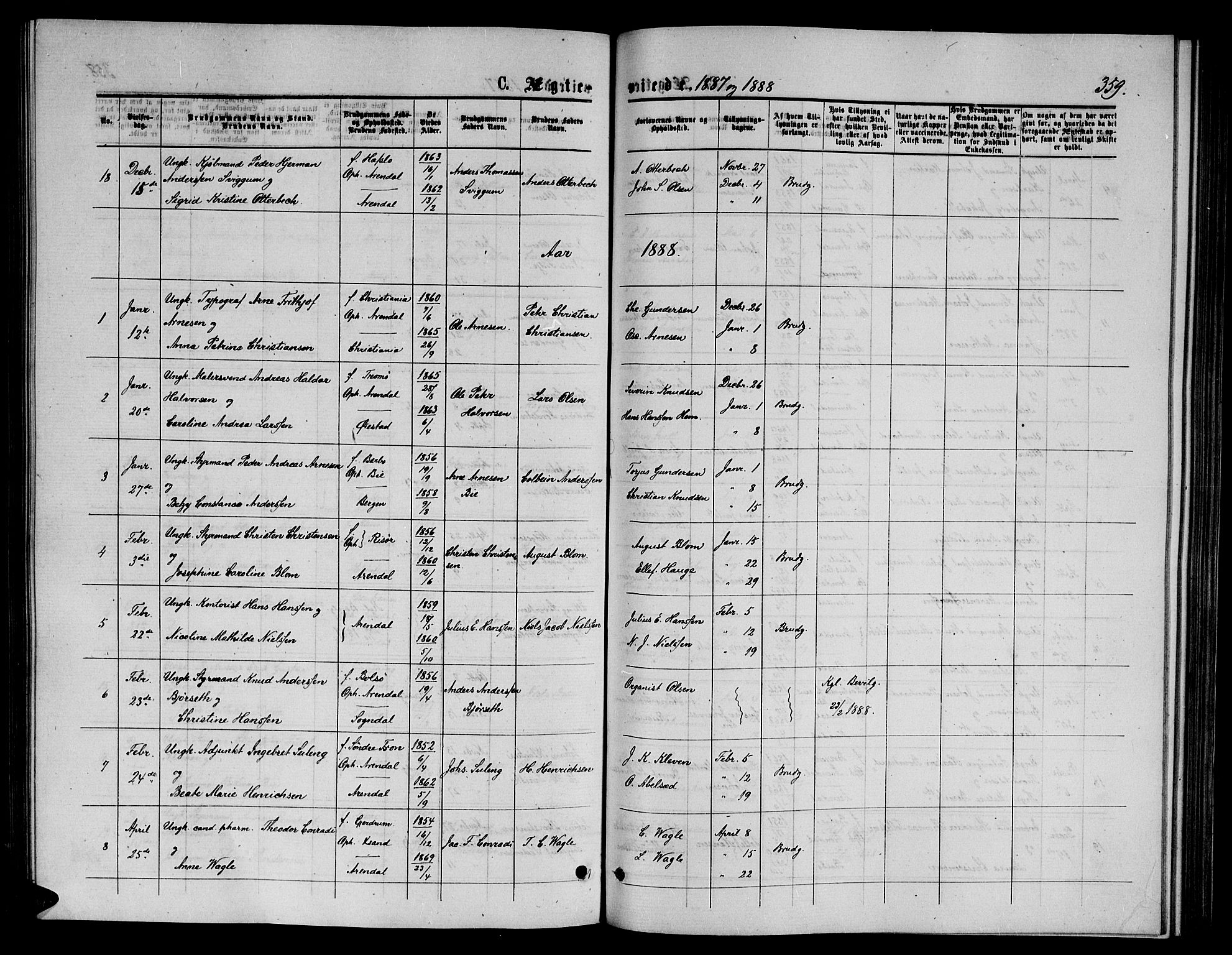 Arendal sokneprestkontor, Trefoldighet, AV/SAK-1111-0040/F/Fb/L0005: Parish register (copy) no. B 5, 1874-1888, p. 359