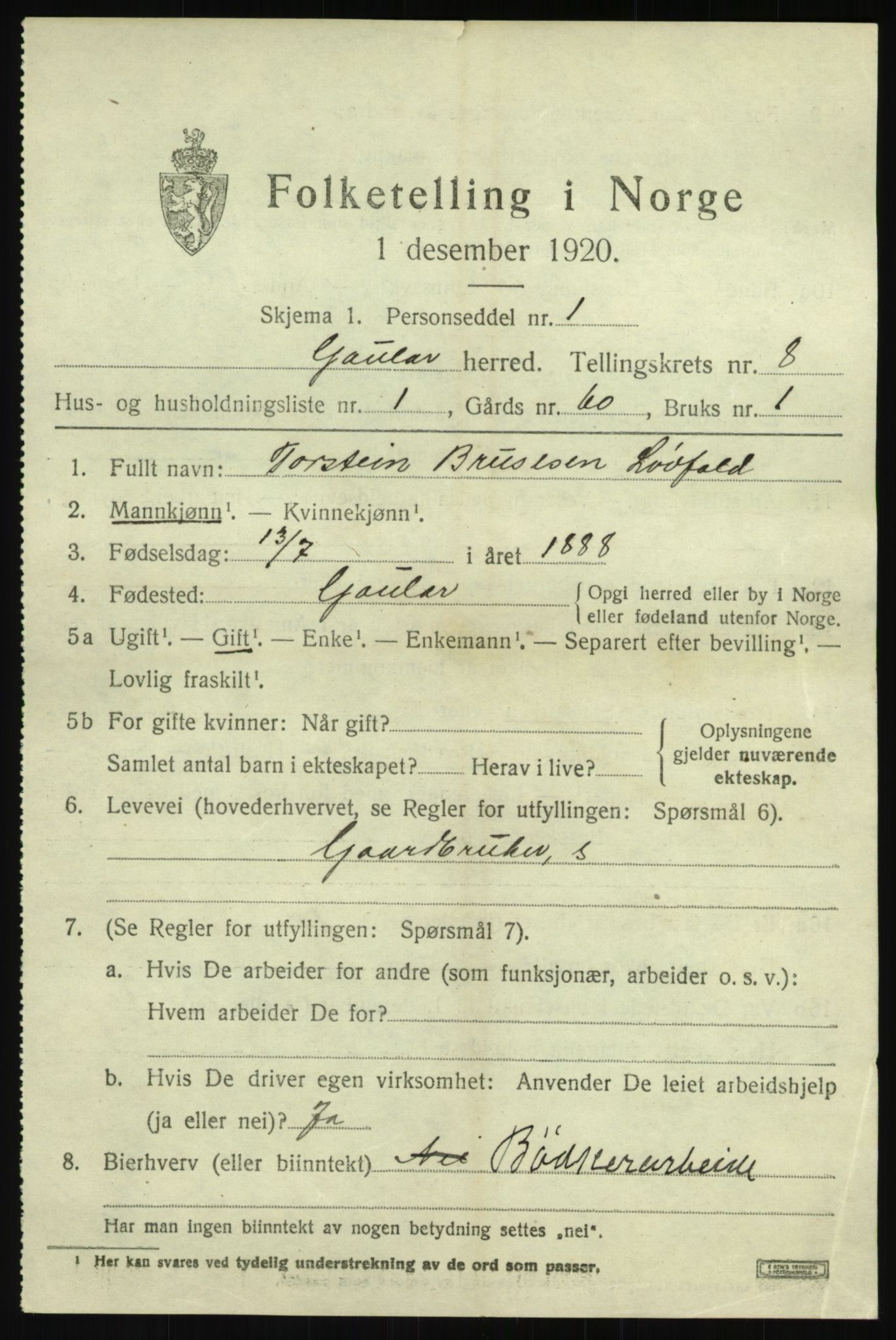 SAB, 1920 census for Gaular, 1920, p. 3802