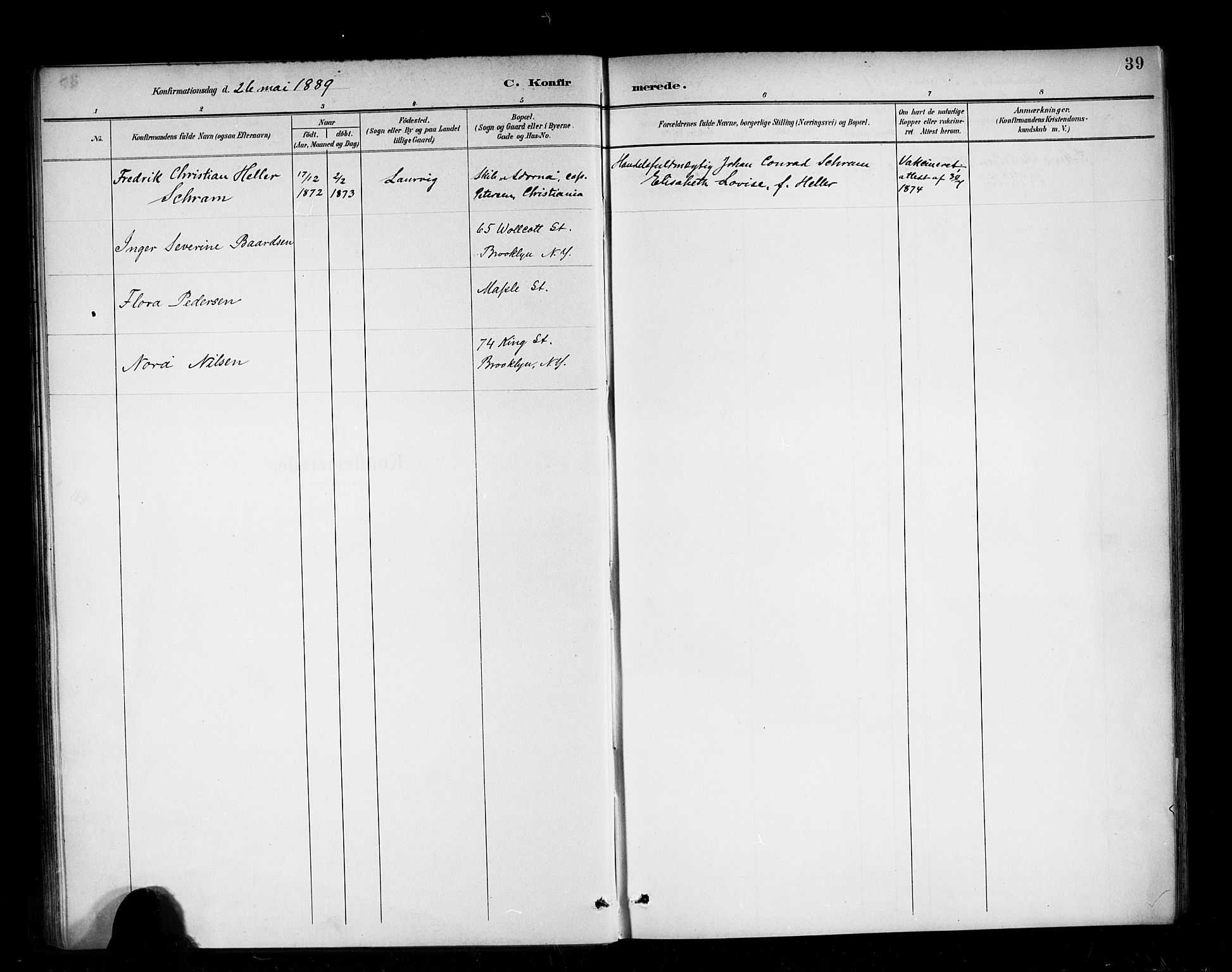 Den norske sjømannsmisjon i utlandet/New York, SAB/SAB/PA-0110/H/Ha/L0003: Parish register (official) no. A 3, 1888-1893, p. 39