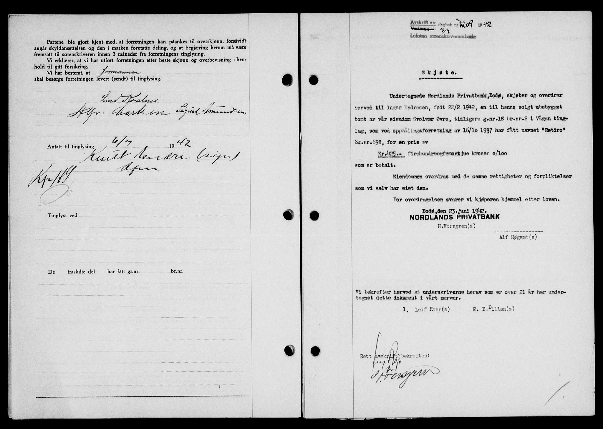 Lofoten sorenskriveri, SAT/A-0017/1/2/2C/L0010a: Mortgage book no. 10a, 1942-1943, Diary no: : 1209/1942
