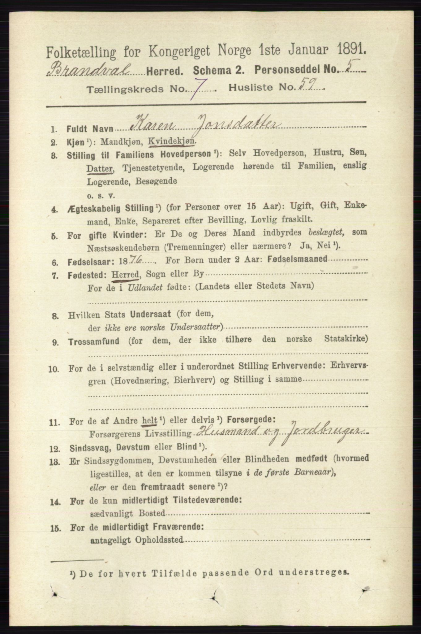 RA, 1891 census for 0422 Brandval, 1891, p. 3714