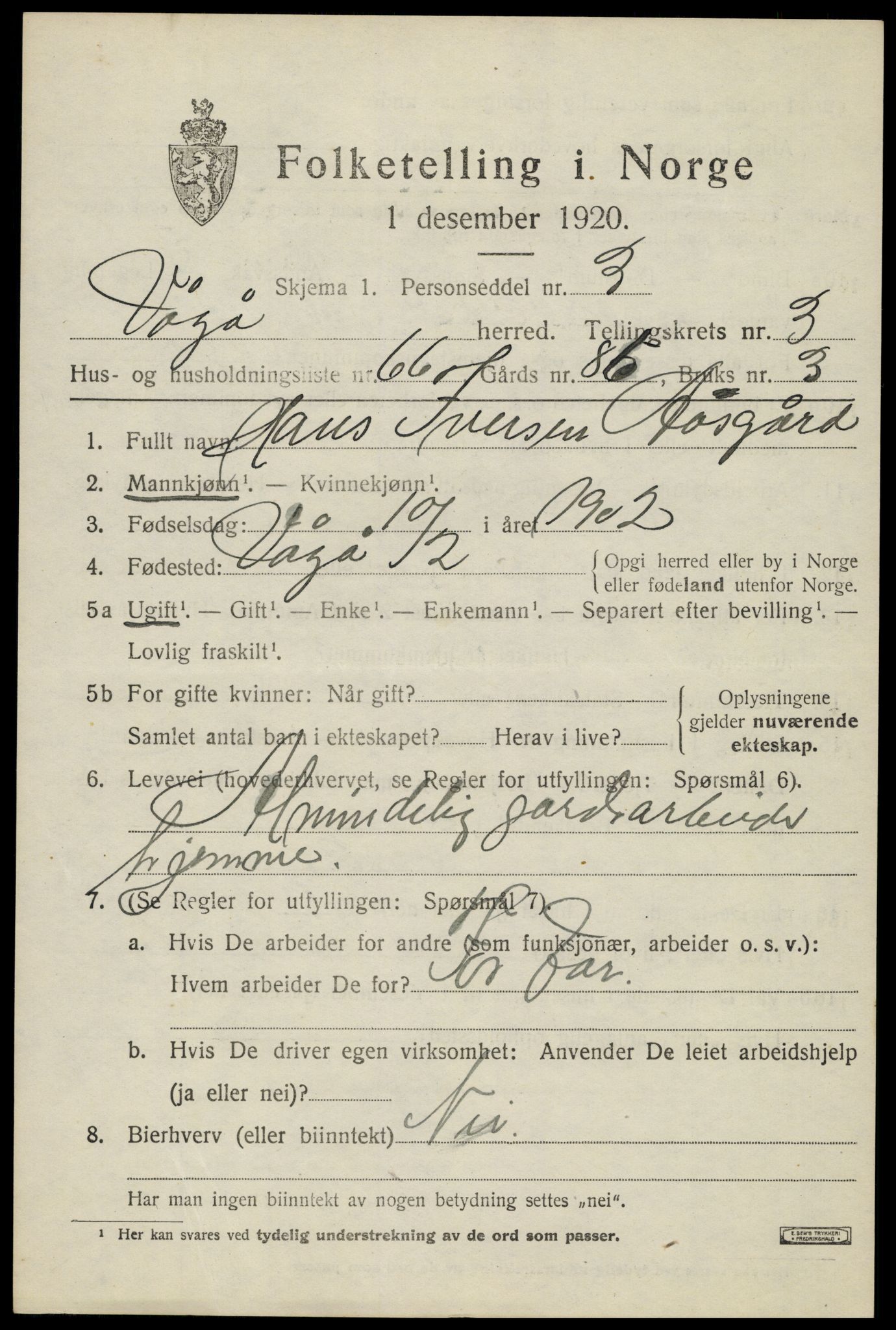 SAH, 1920 census for Vågå, 1920, p. 3382