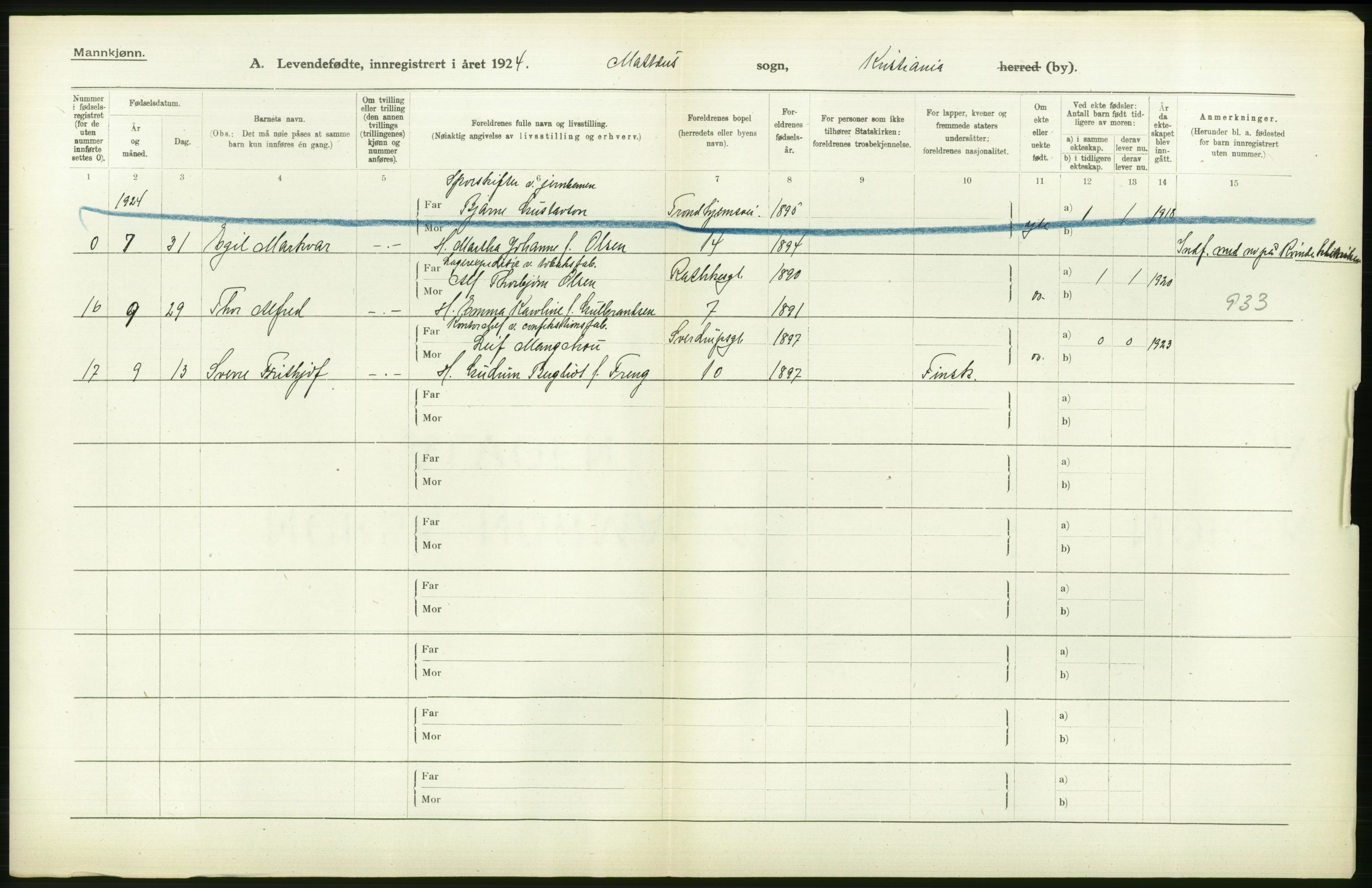 Statistisk sentralbyrå, Sosiodemografiske emner, Befolkning, AV/RA-S-2228/D/Df/Dfc/Dfcd/L0005: Kristiania: Levendefødte menn., 1924, p. 516